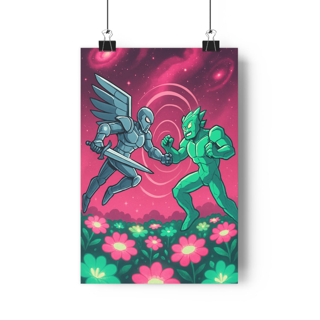 Poster décoratif futuriste rose violet guerrier félin combat aventure épée cosmique chambre salon unique