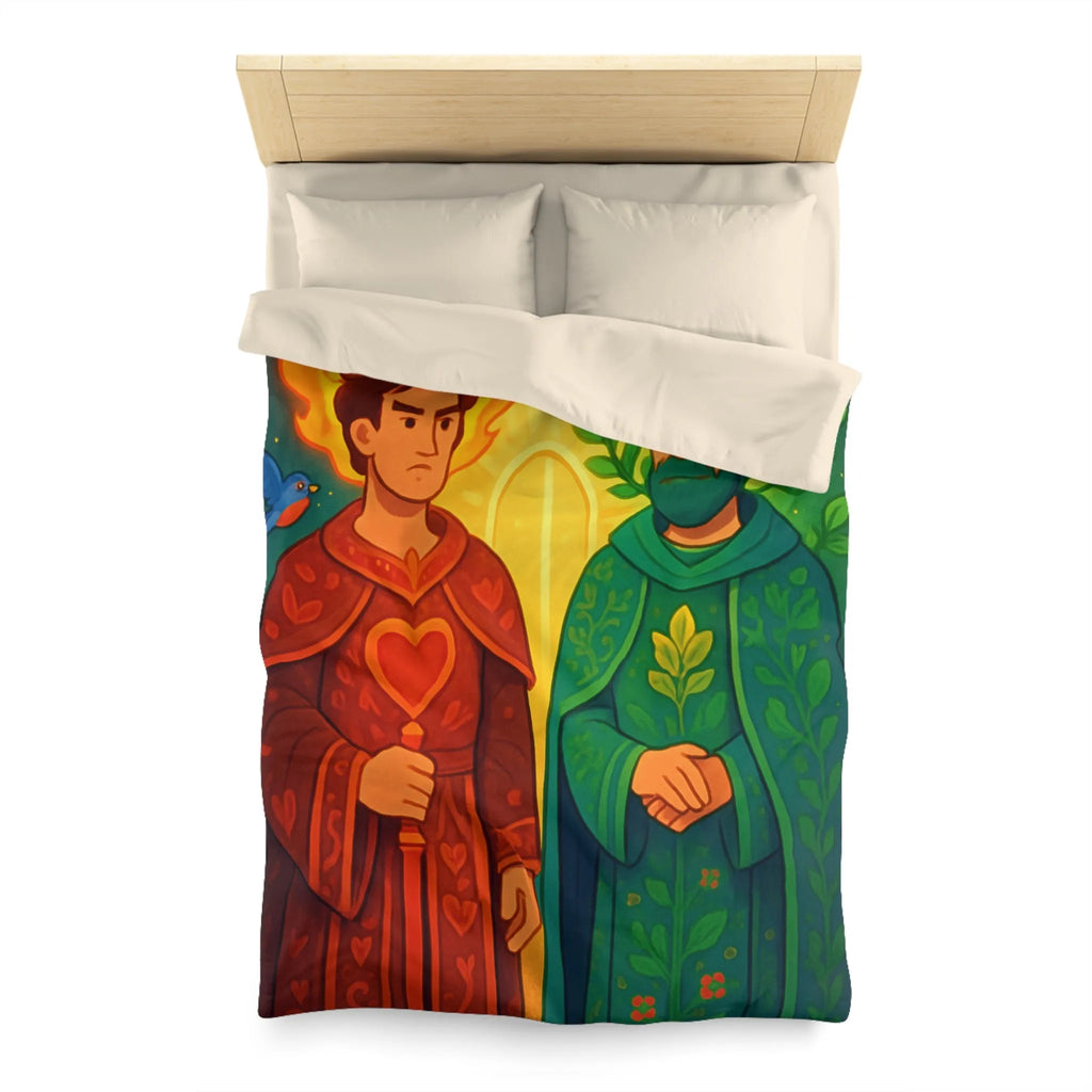 Housse de Couette Colorée avec Illustration Médiévale de Personnages Mystiques et Oiseaux Enchantés