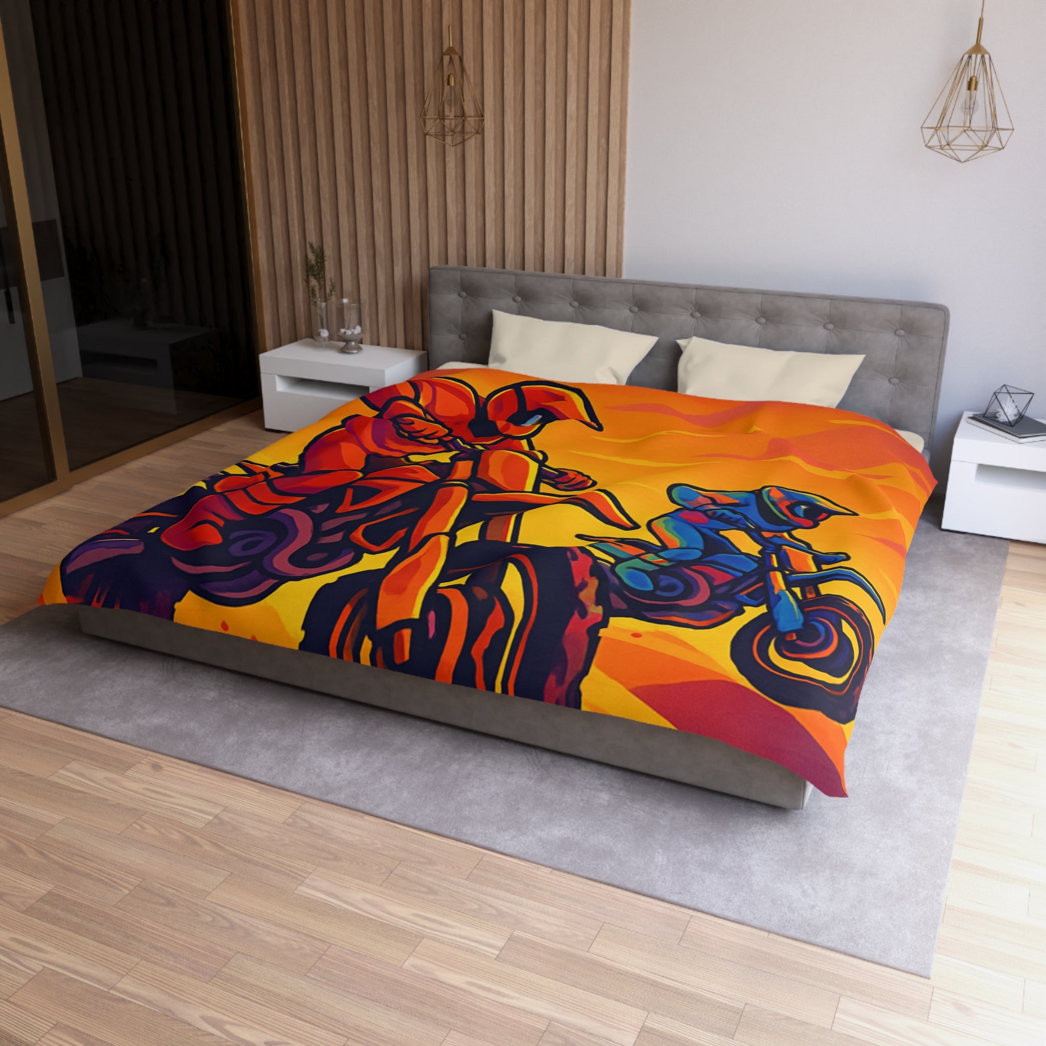 Housse de couette moto aventure: dynamique, couleurs vives, coucher de soleil dramatique