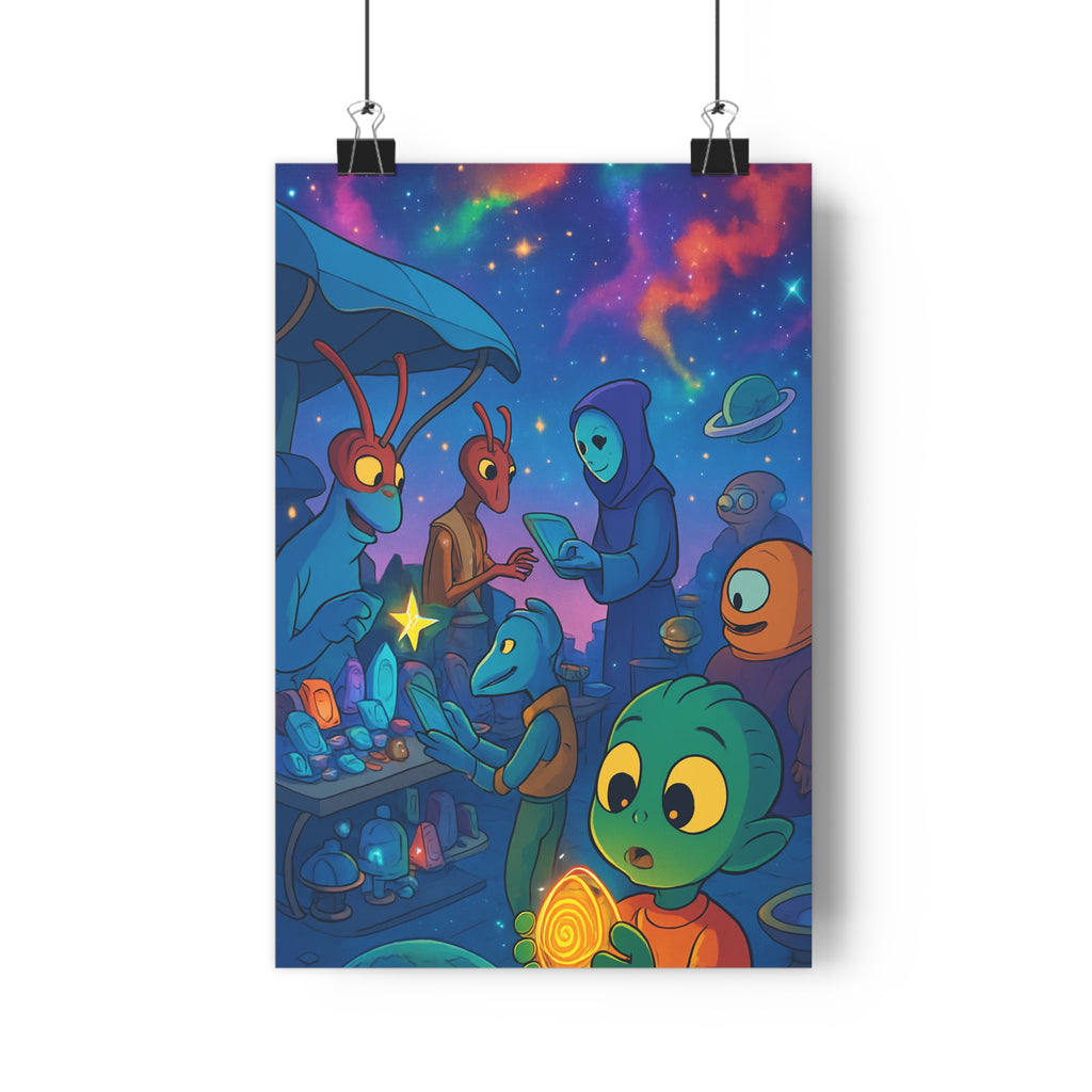 Poster décoratif cartoon extraterrestre violet bleu joyeux mystique salon chambre enfant marché intergalactique qualité