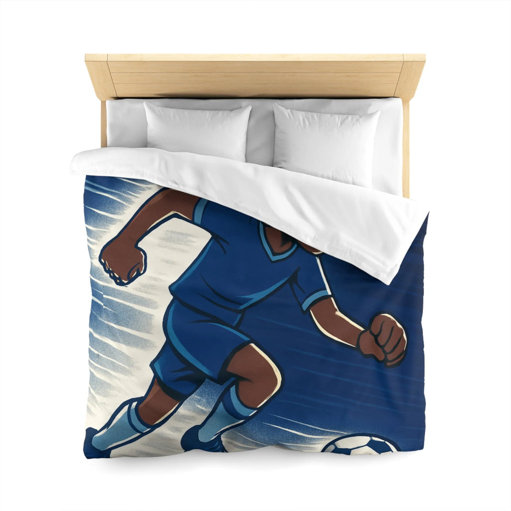 Housse de couette football dynamique garçon jouant au soccer style cartoon moderne bleu