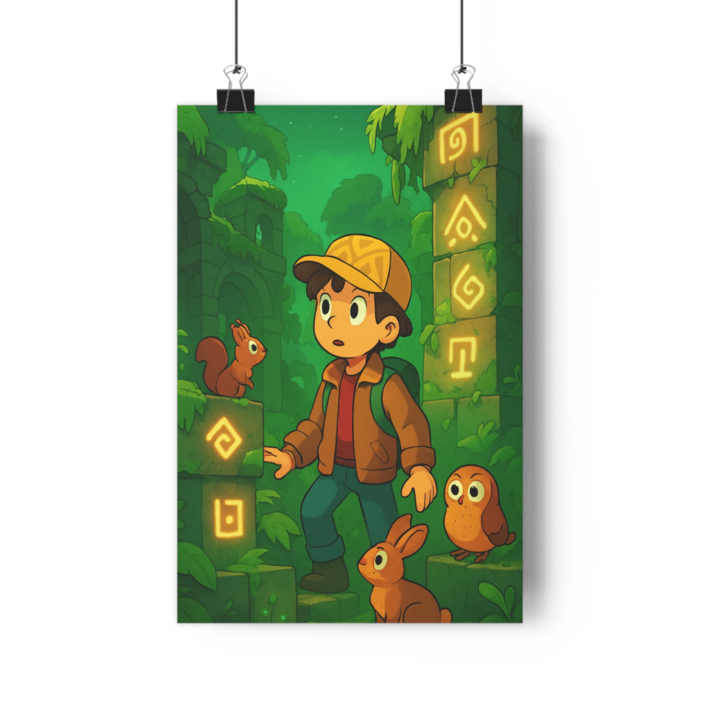 Poster décoratif aventure enfant jungle mystique animaux lumineux dessin animé chambre exploration nature vibrant