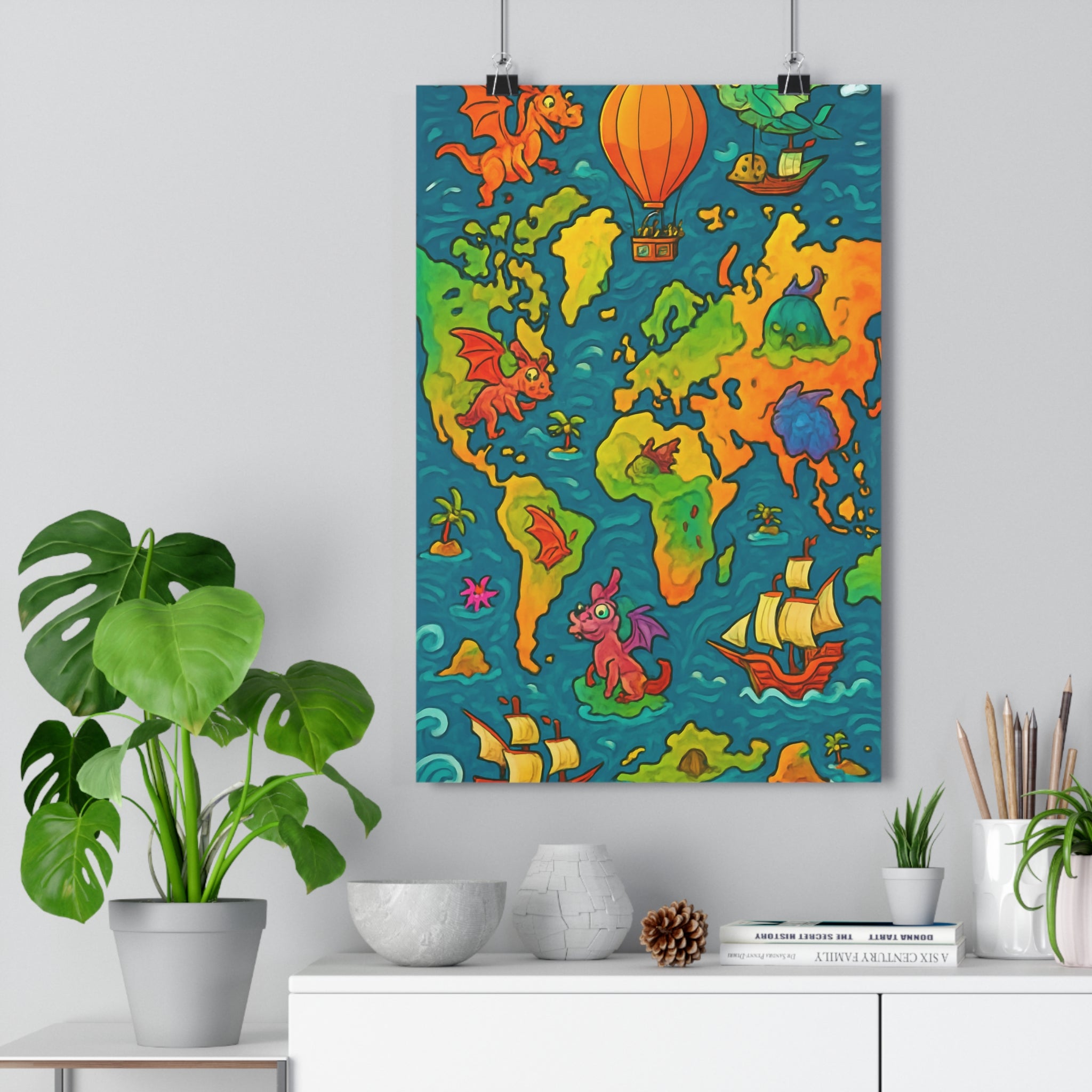 Poster décoratif carte monde aventureux dragons colorés chambre enfant style cartoon fantasy ludique vibrant