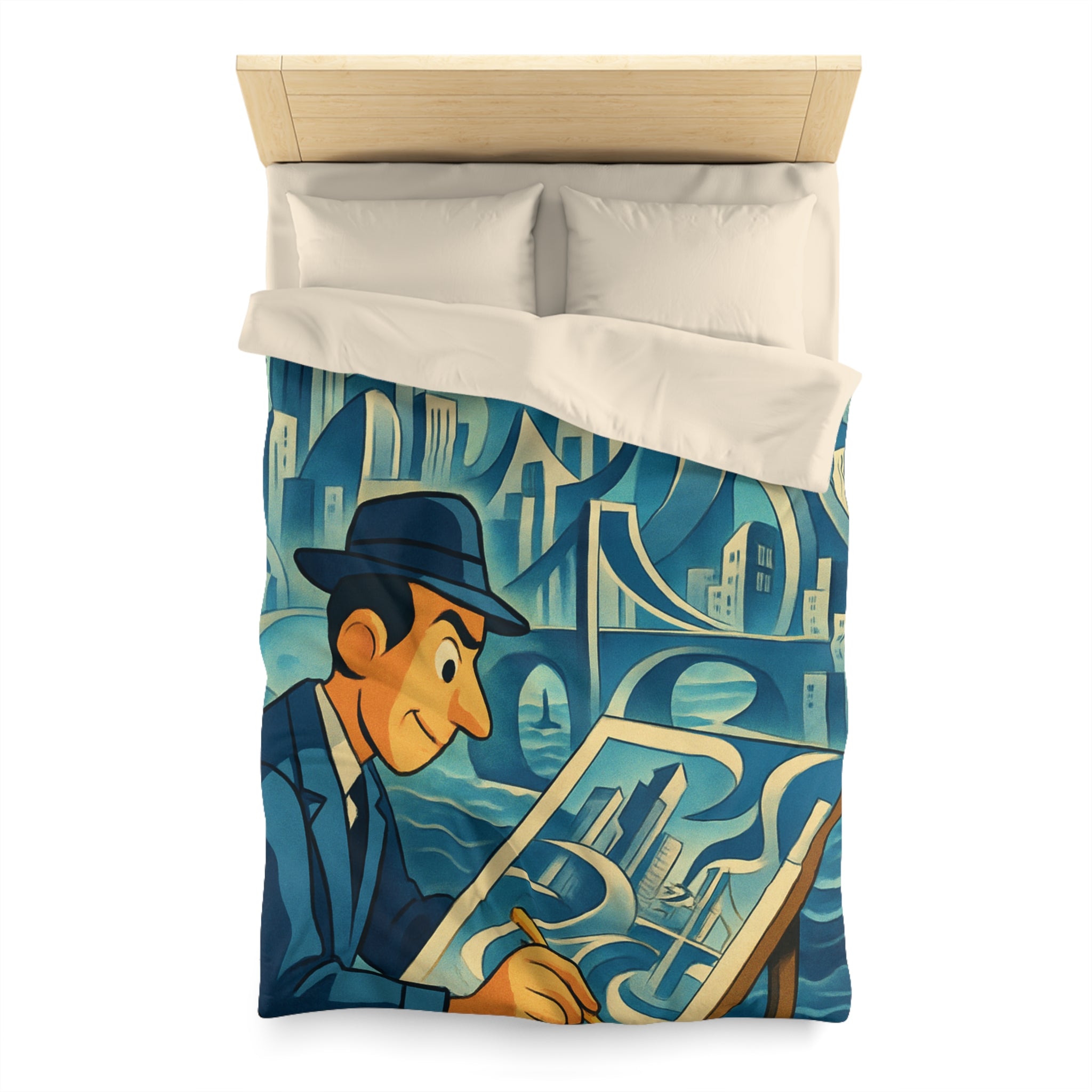 Motifs artistiques urbains bleus et jaunes pour une housse de couette moderne et stylée