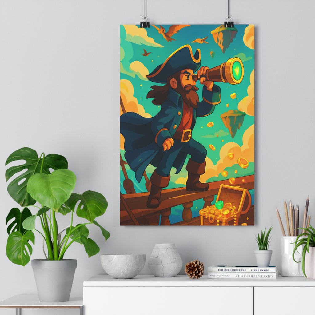 Poster décoratif aventure cartoon bleu doré chambre enfant vibrant original qualité premium pirate intrépide