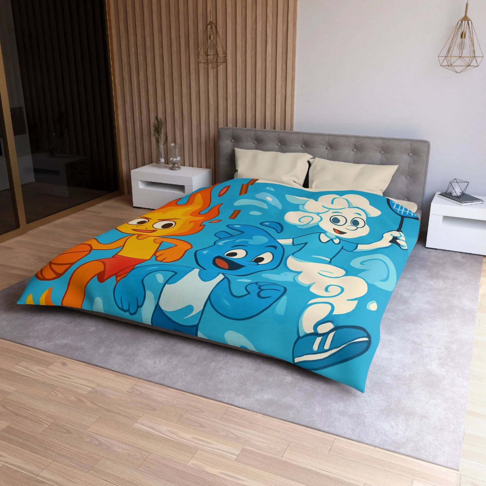 Housse de couette colorée avec motifs d’éléments sportifs et symbole de paix