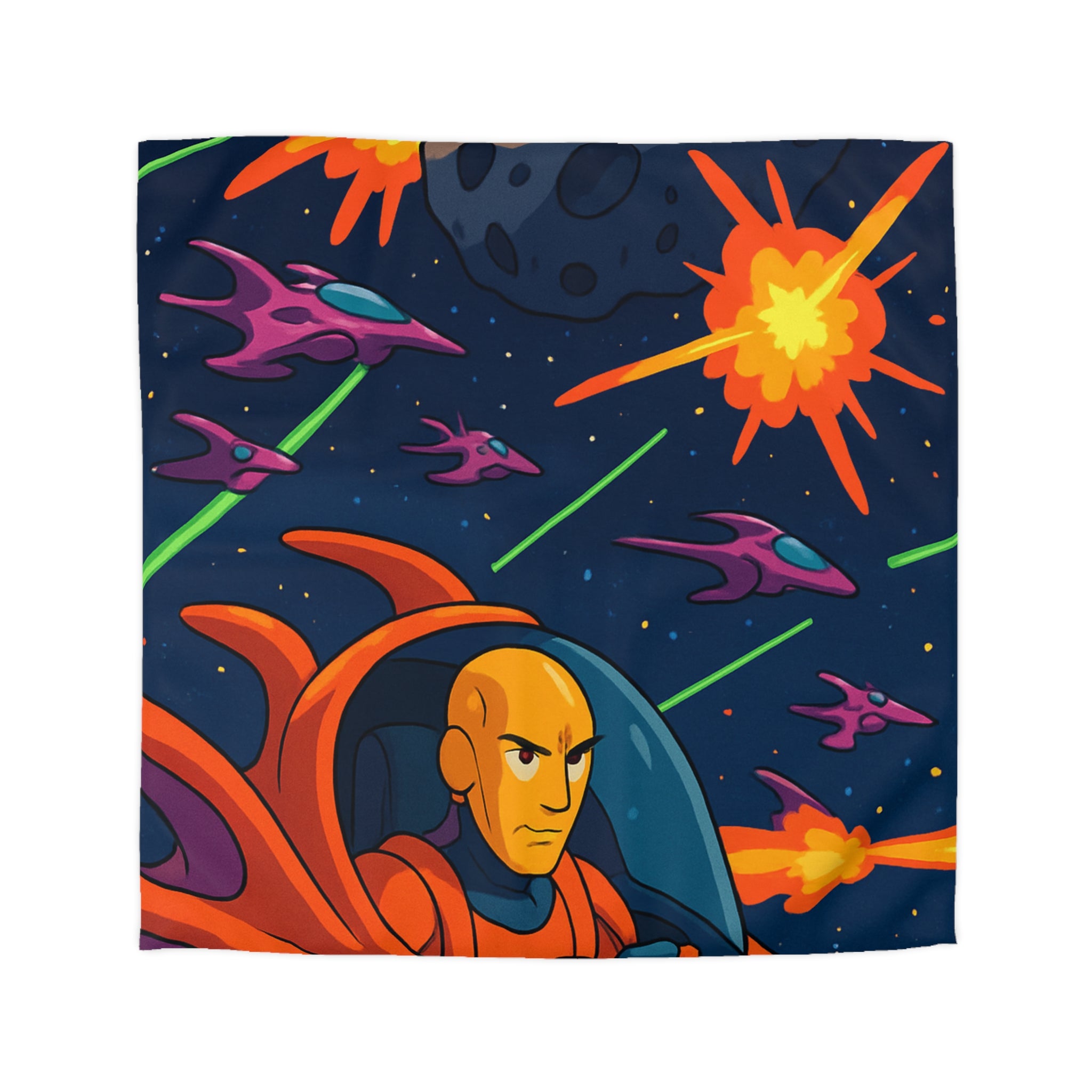Housse de couette style rétro avec vaisseaux spatiaux et astéroïdes en explosion