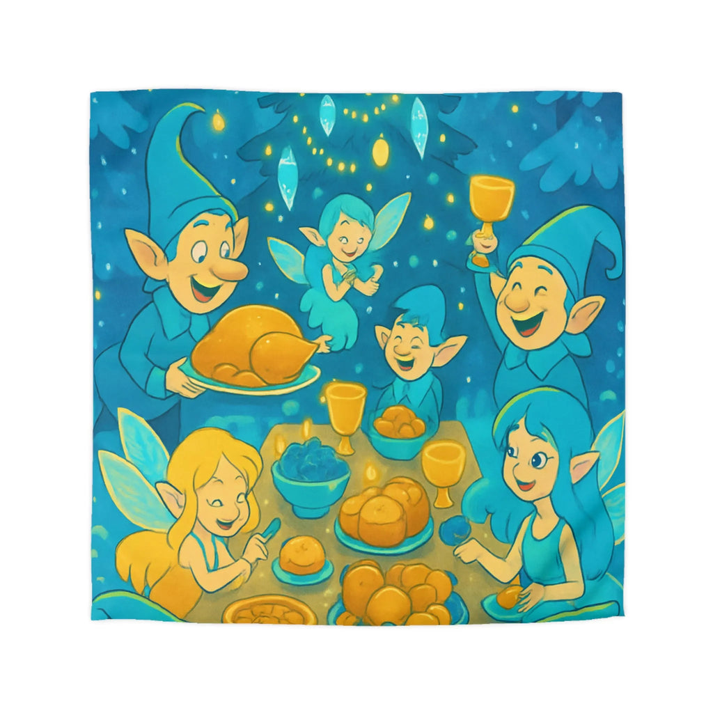 Housse de couette festive de lutins célébrant autour d'un sapin de Noël lumineux