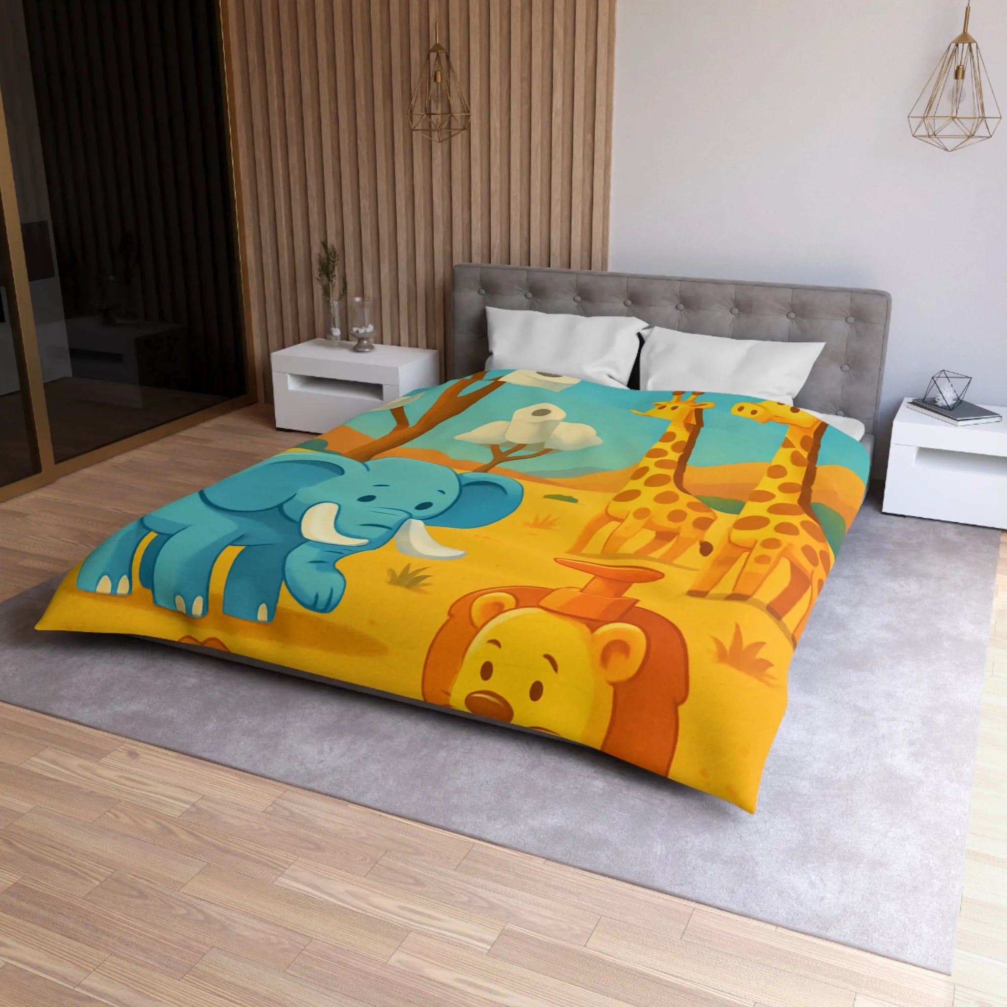 Animaux de Savane Joueurs avec Arbres à Rouleaux pour Housse de Couette Enfant Unique