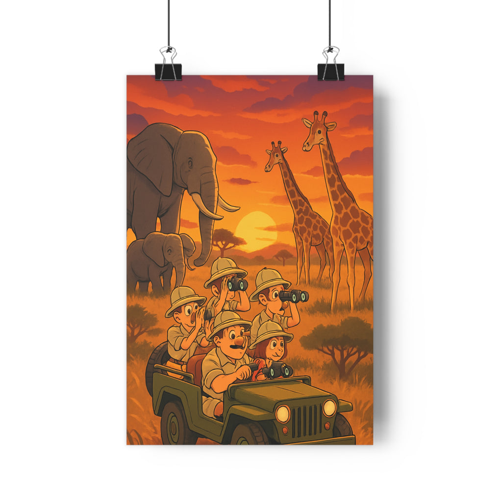 Poster décoratif cartoon safari aventure africain coucher soleil vibrant coloré exploration faune chambre tendance