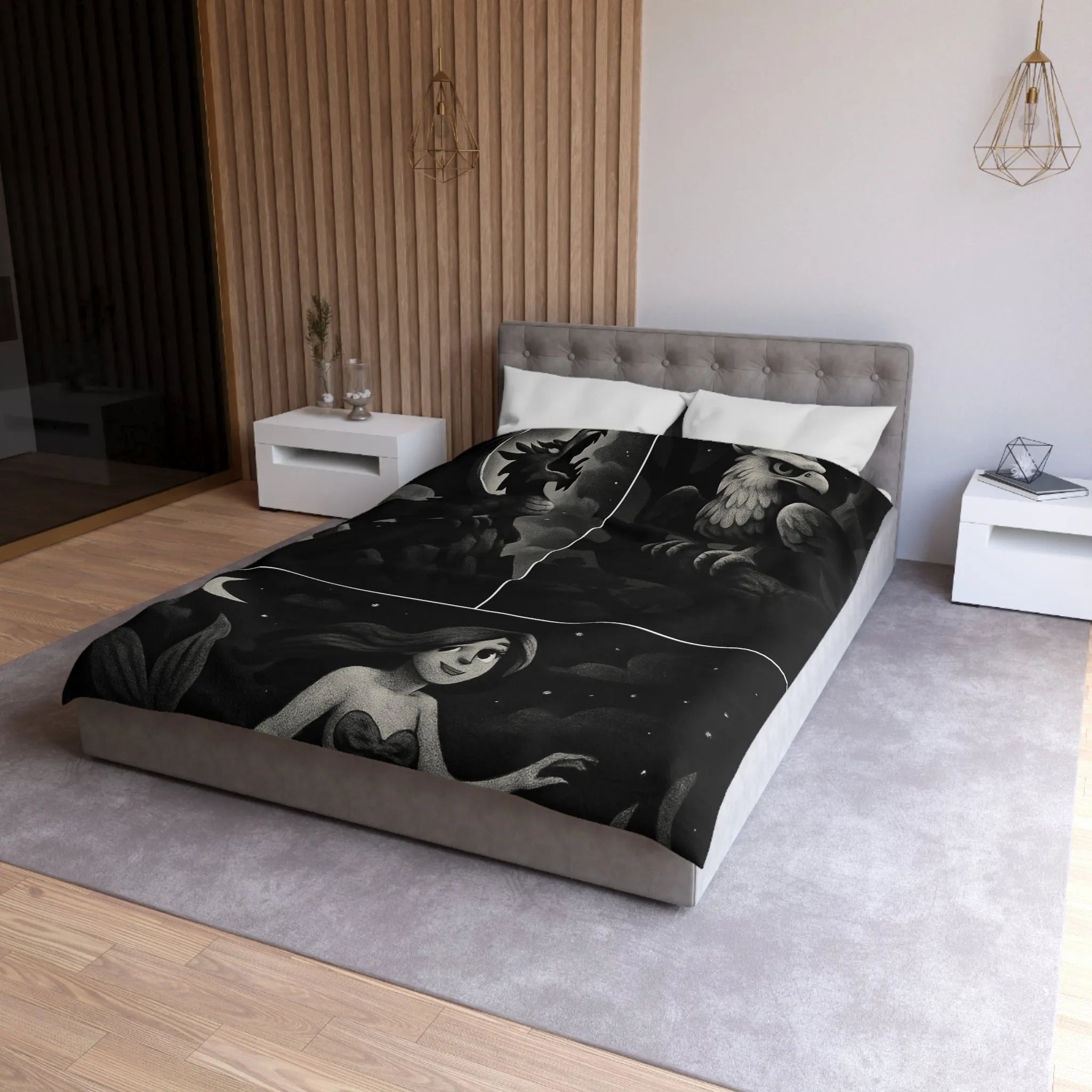 Housse de couette avec motifs de créatures fantastiques dragon, griffon et sirène en noir et gris