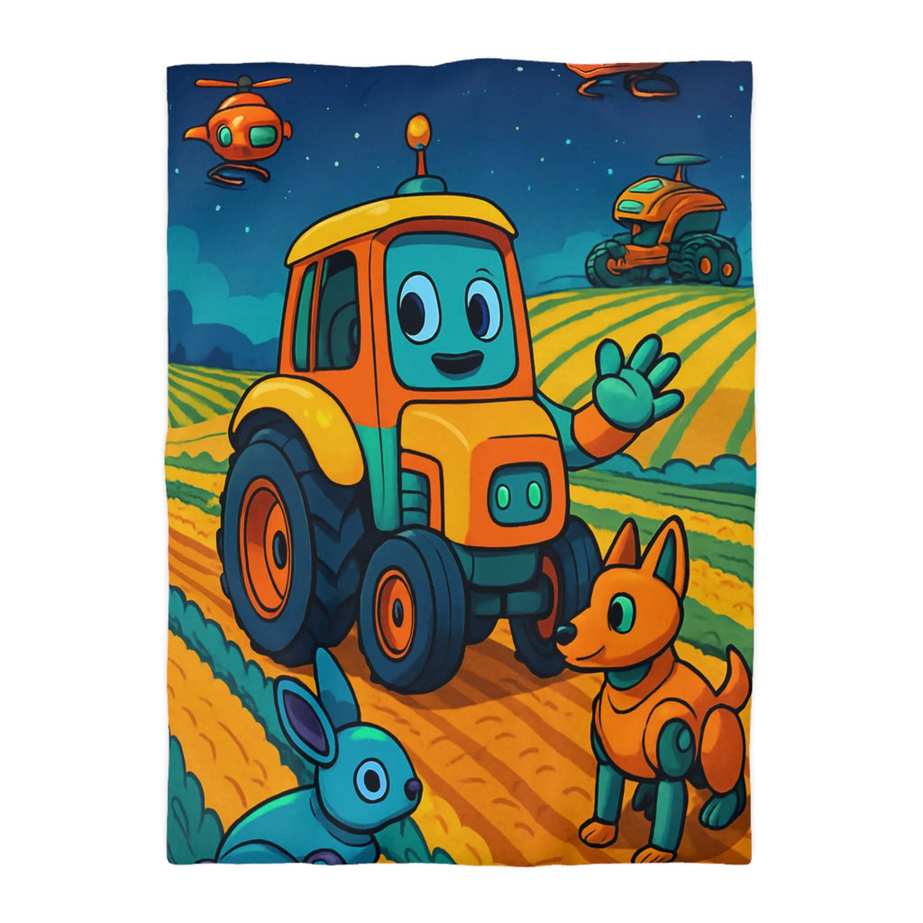 Housse de couette colorée avec tracteur joyeux, robots animaux et scène de ferme nocturne