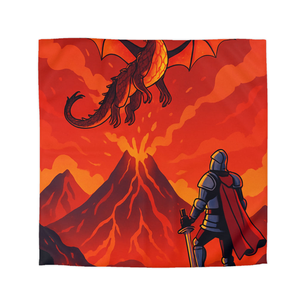 Imposant dragon rouge volant sur volcan en fusion, chevalier en armure contemplatif