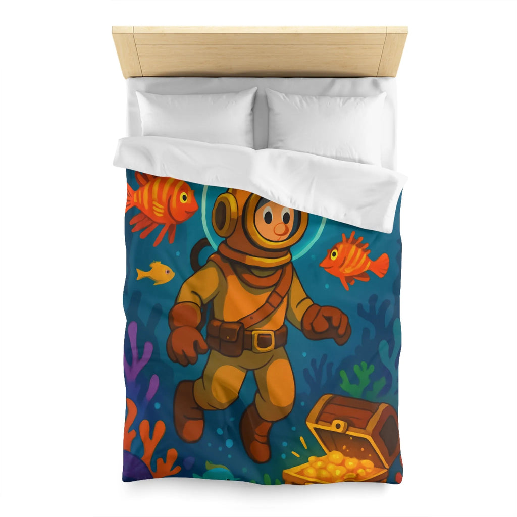 Housse de couette enfant aventure sous-marine avec plongeur et trésor coloré en dessin animé
