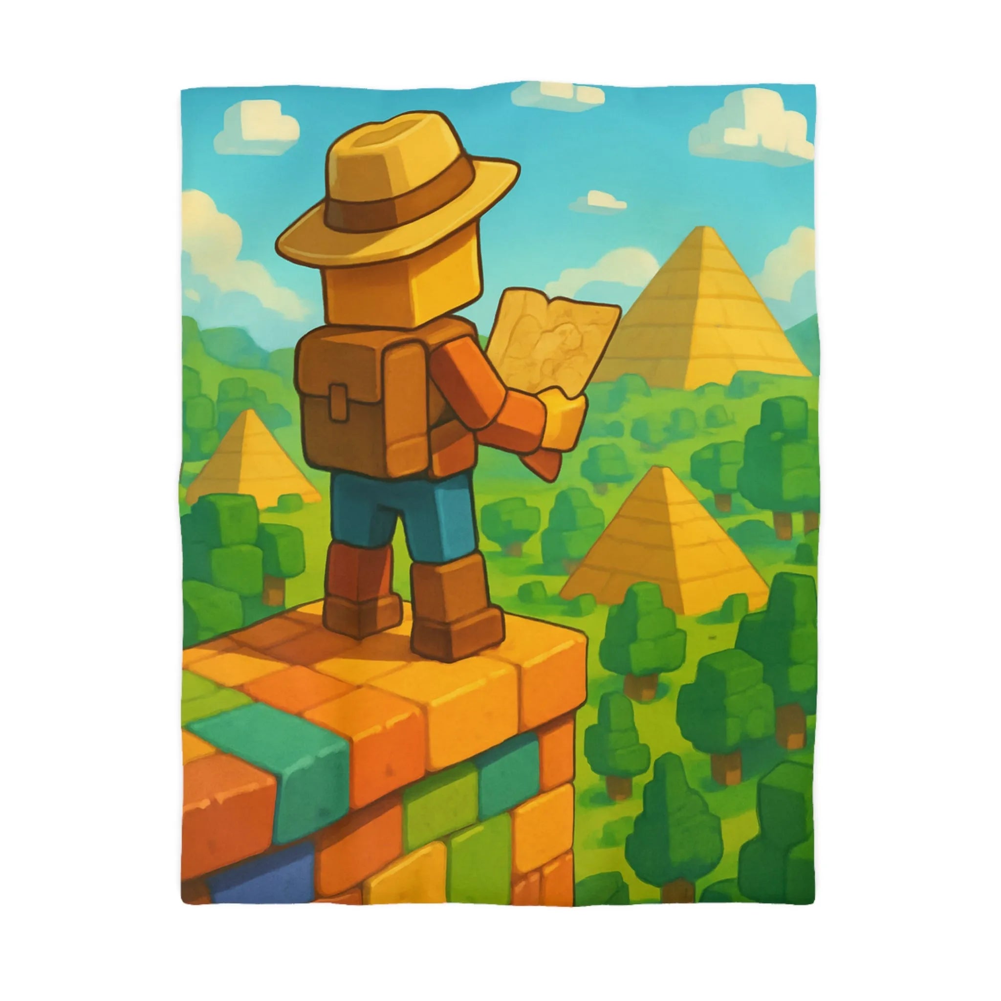 Housse de Couette Ludique Aventure Pixelisée Explorateur Carte Forêt Pyramide Enfant