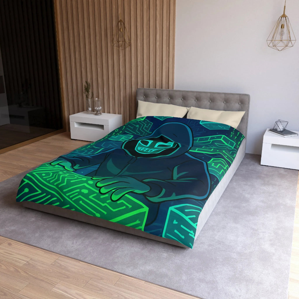 Housse de couette cyberpunk avec motif de hacker masqué et circuit numérique lumineux
