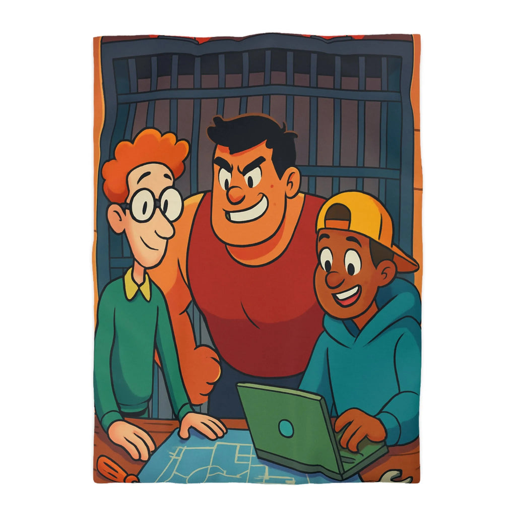 Housse de couette colorée avec plan et personnages animés souriants en arrière-plan