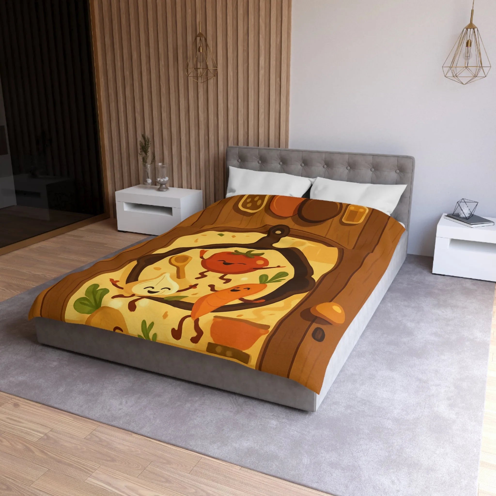 Housse de couette joyeuse avec légumes dans une poêle ambiance cuisine chaleureuse