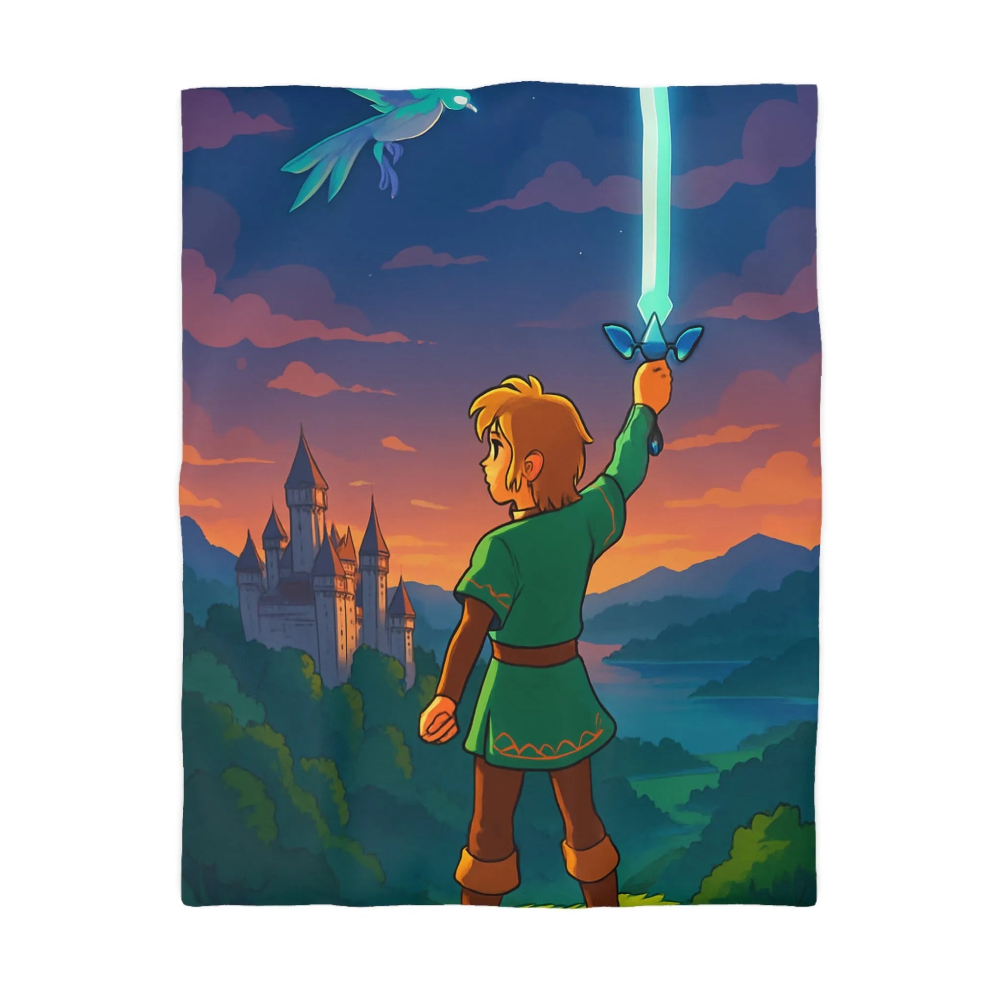 Housse de Couette Fantasy avec Épée, Château et Oiseau au Coucher de Soleil