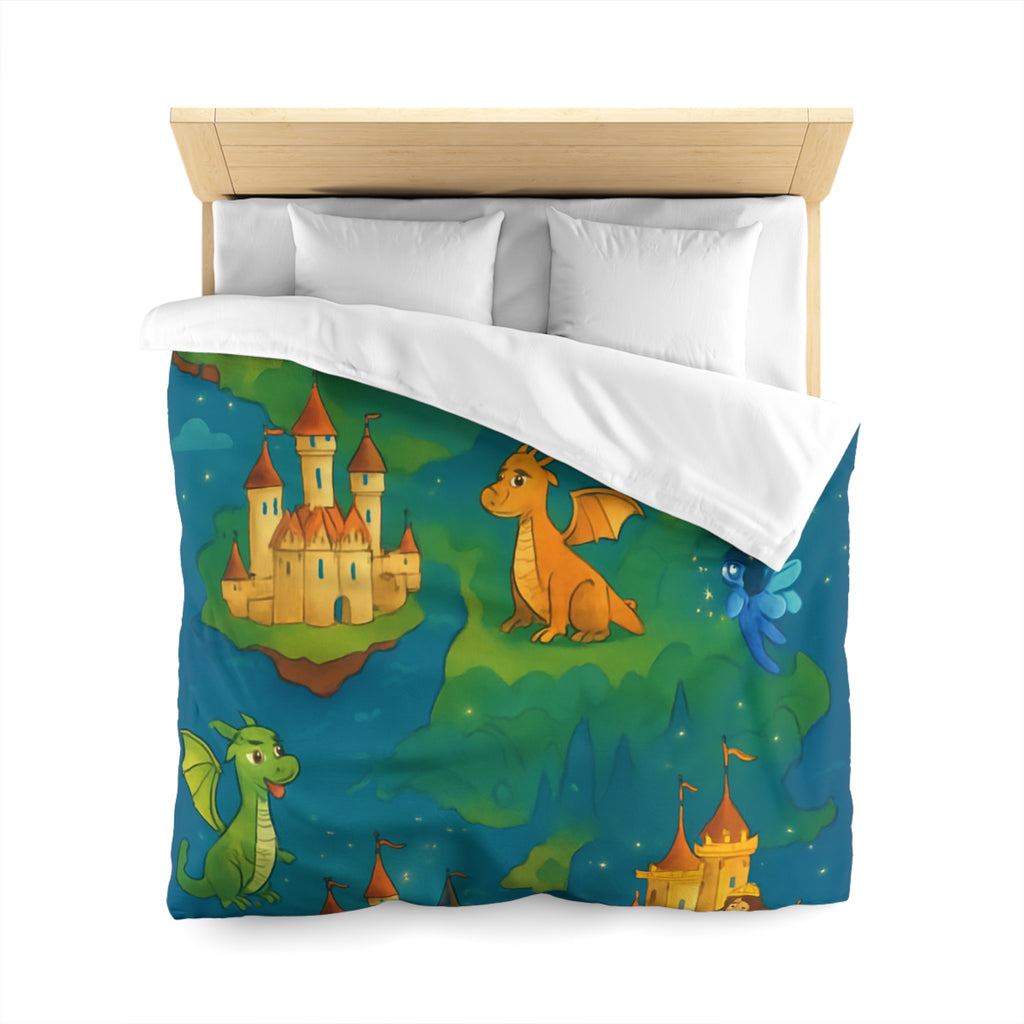 Housse de couette thématique féerique avec dragons, châteaux et un sorcier rêveur