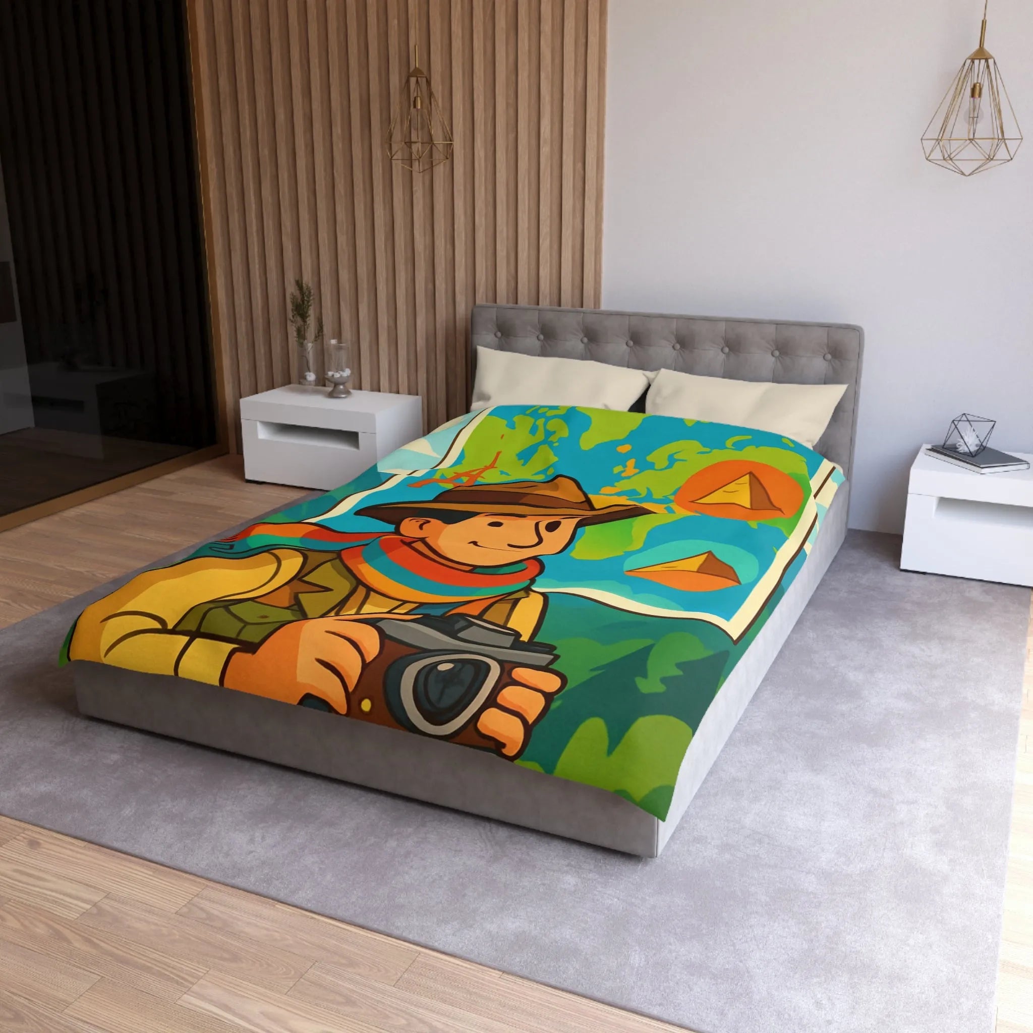Housse de Couette Aventure Monde Carte Explorateur avec Illustrations Colorées et Éléments Culturels