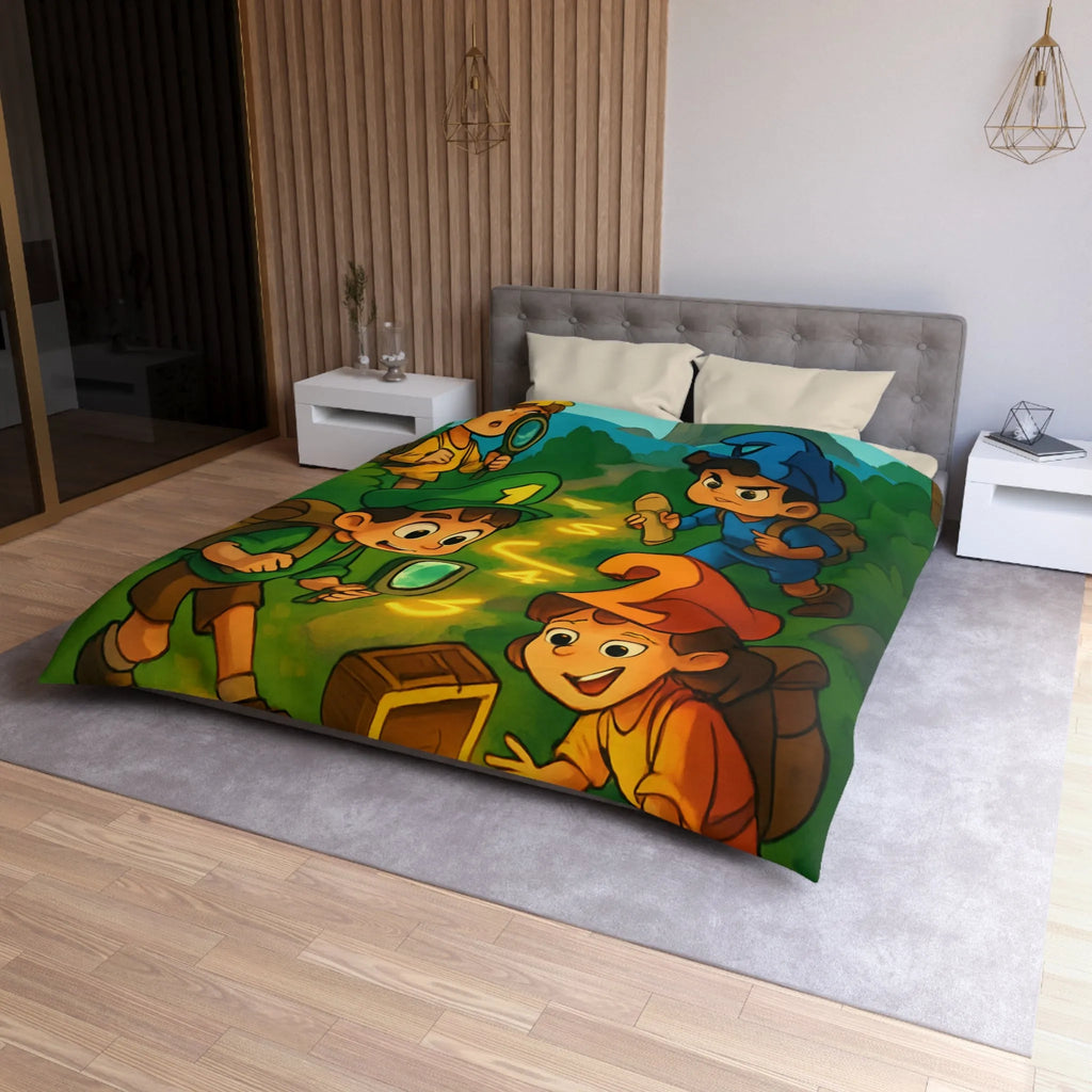 Housse de couette aventure enfants, chasse au trésor avec île et personnages joyeux