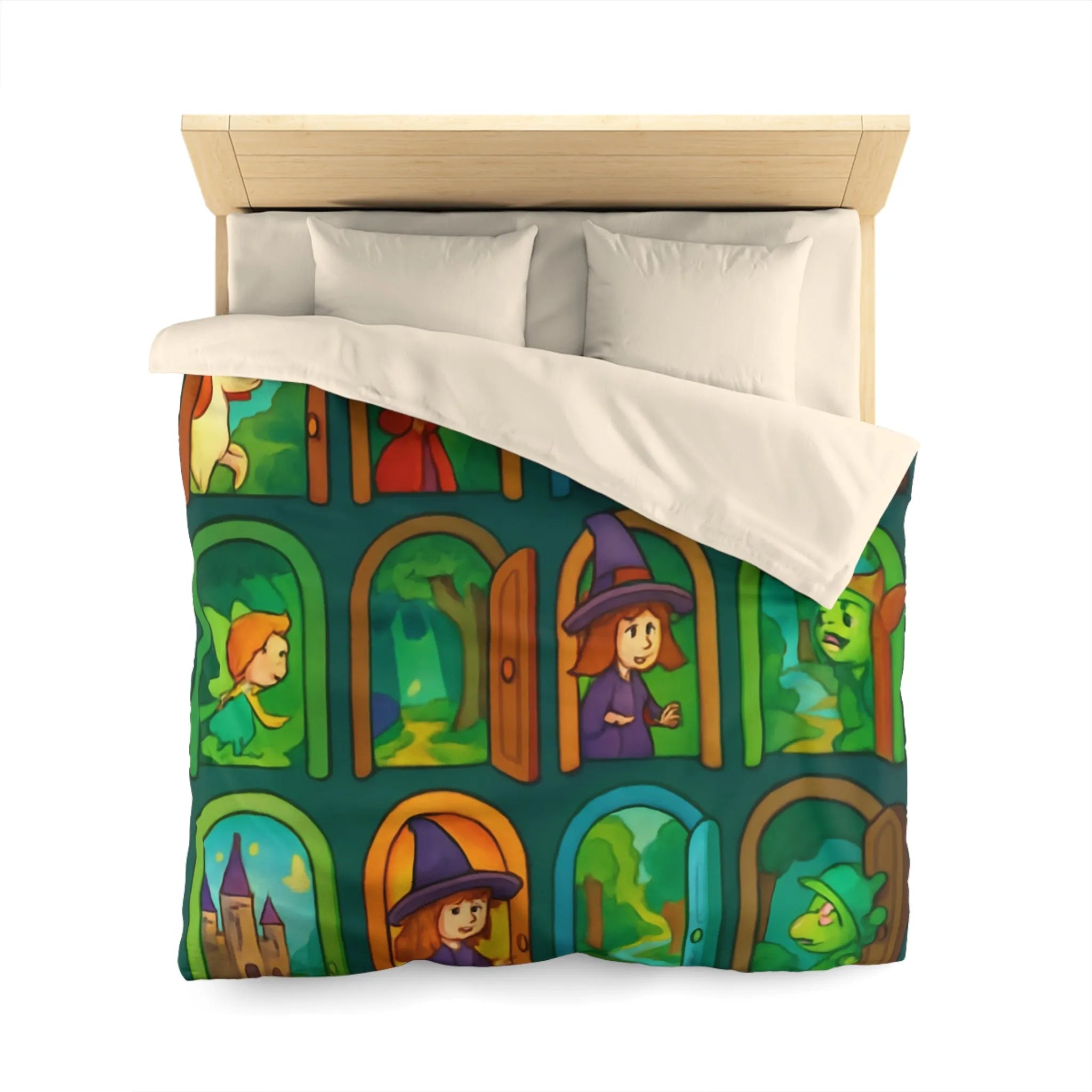 Enchantement magique avec motifs de sorcières, chevaux, et châteaux sur housse de couette