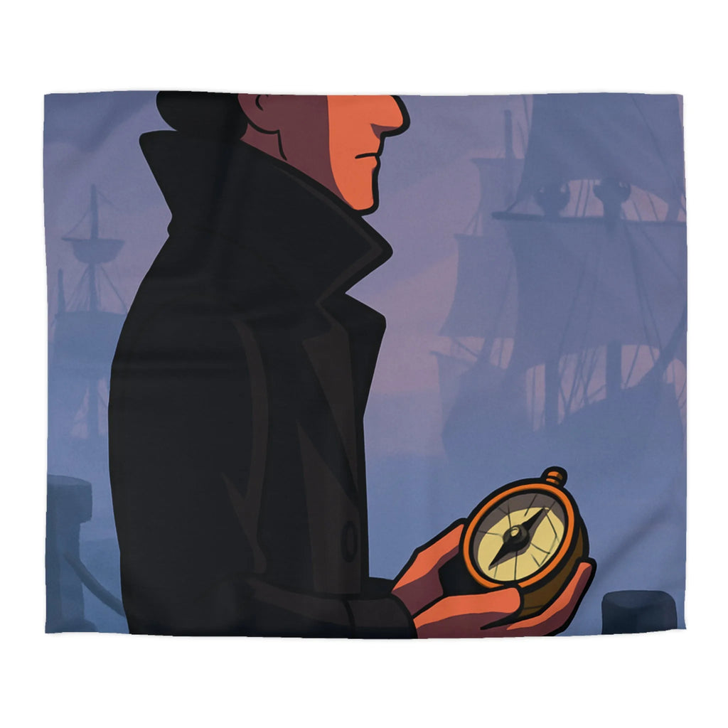 Élégant homme en manteau sombre tenant une boussole devant un port brumeux