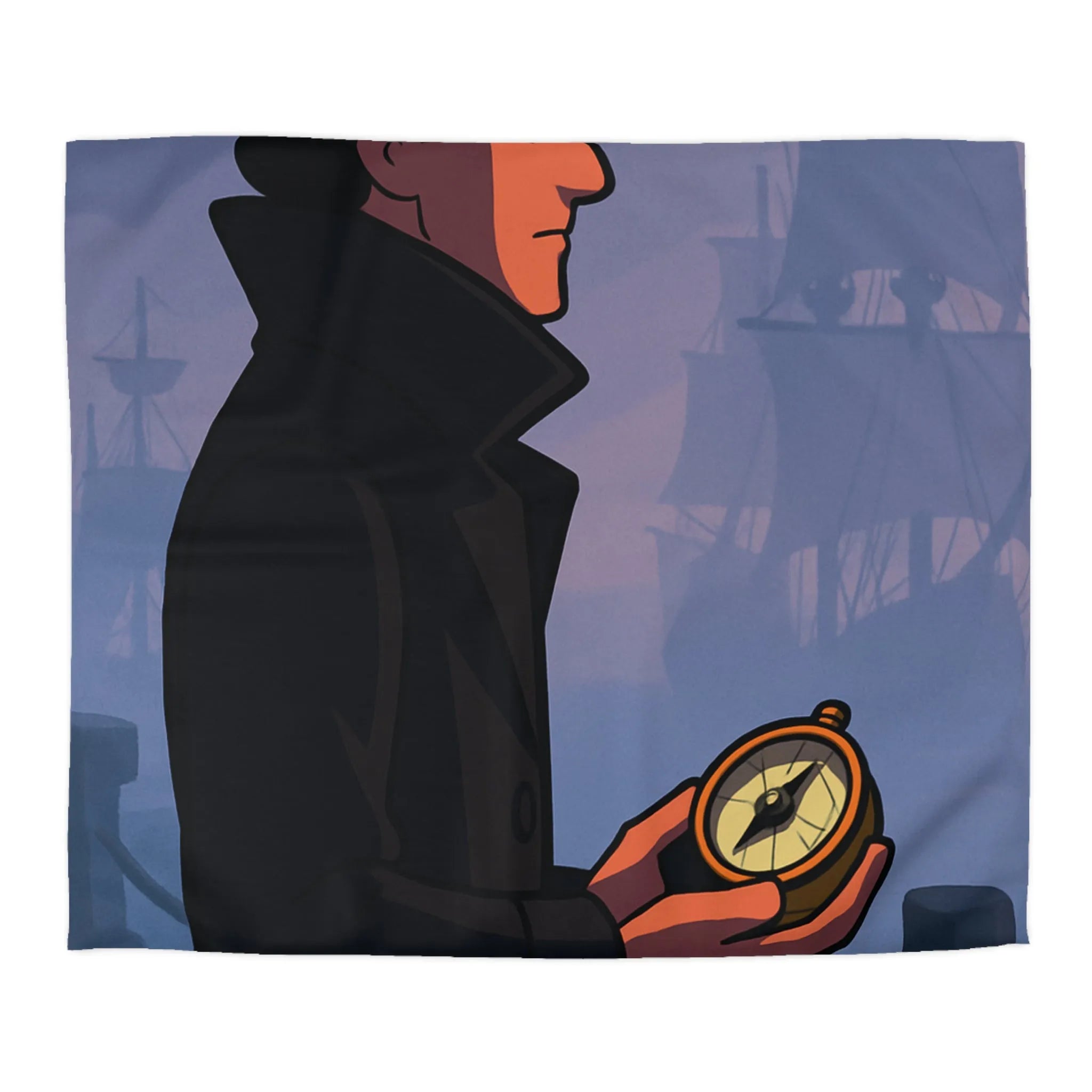 Élégant homme en manteau sombre tenant une boussole devant un port brumeux