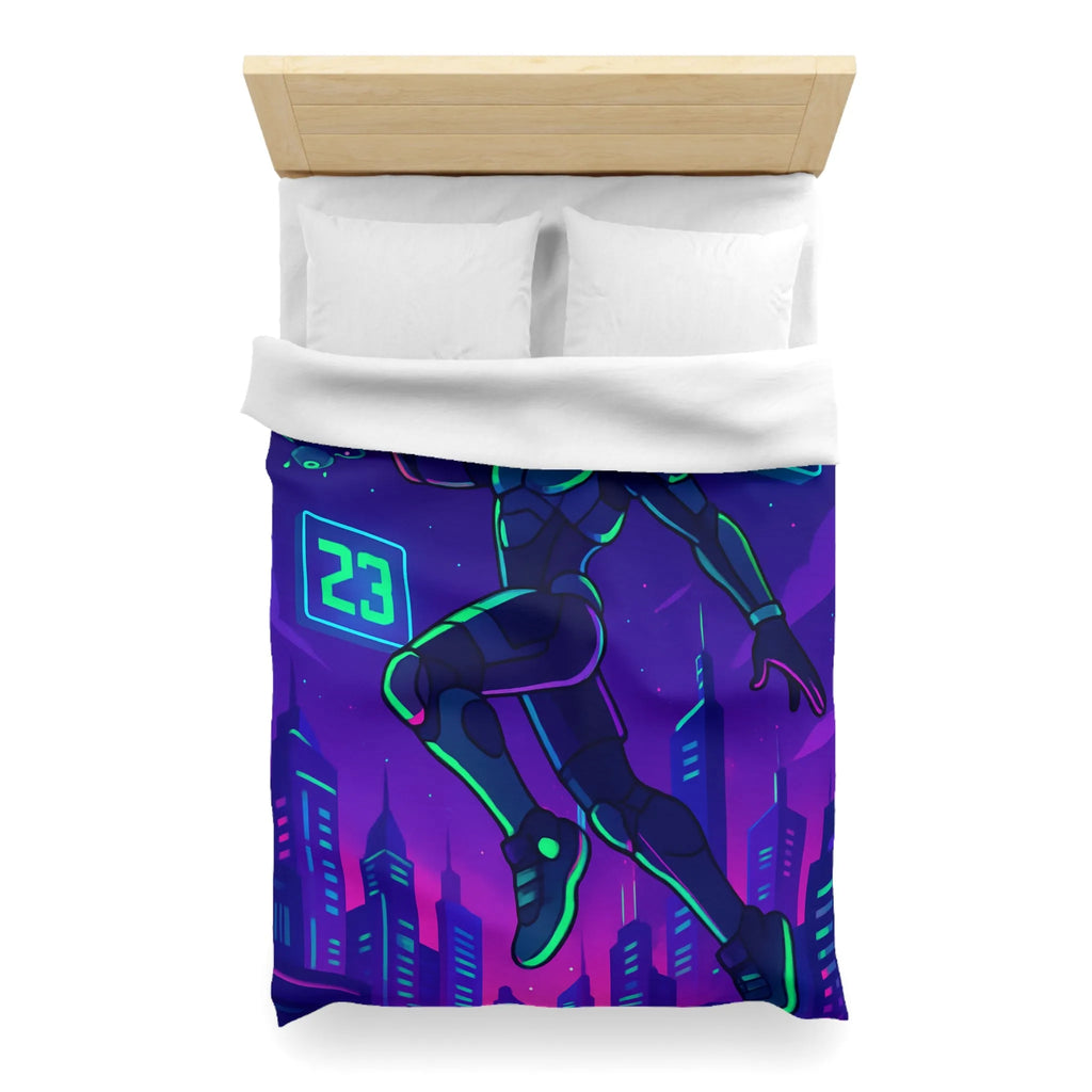 Housse de Couette Futuriste avec Robot Jouant au Basketball Lumineux dans Ville Néon