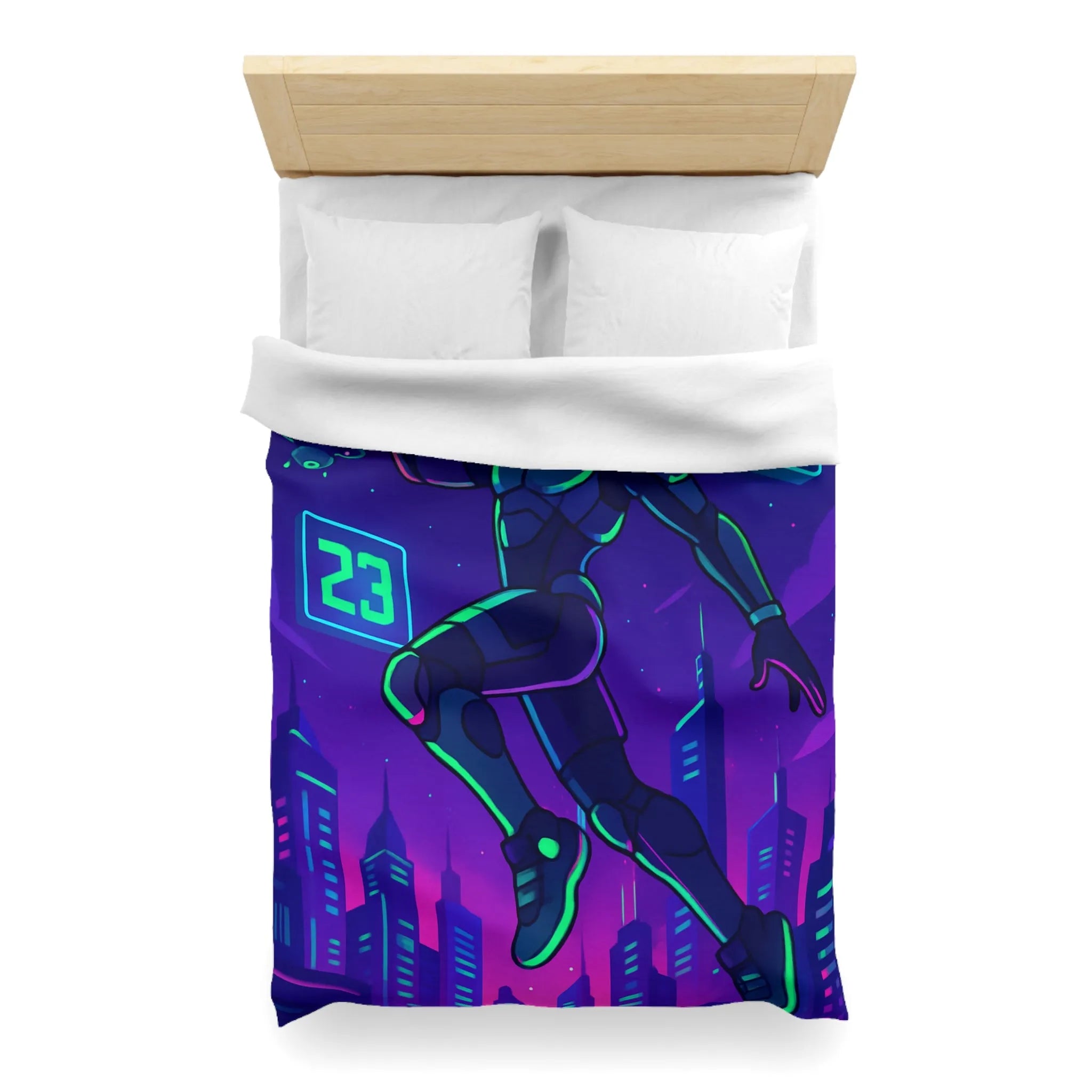 Housse de Couette Futuriste avec Robot Jouant au Basketball Lumineux dans Ville Néon