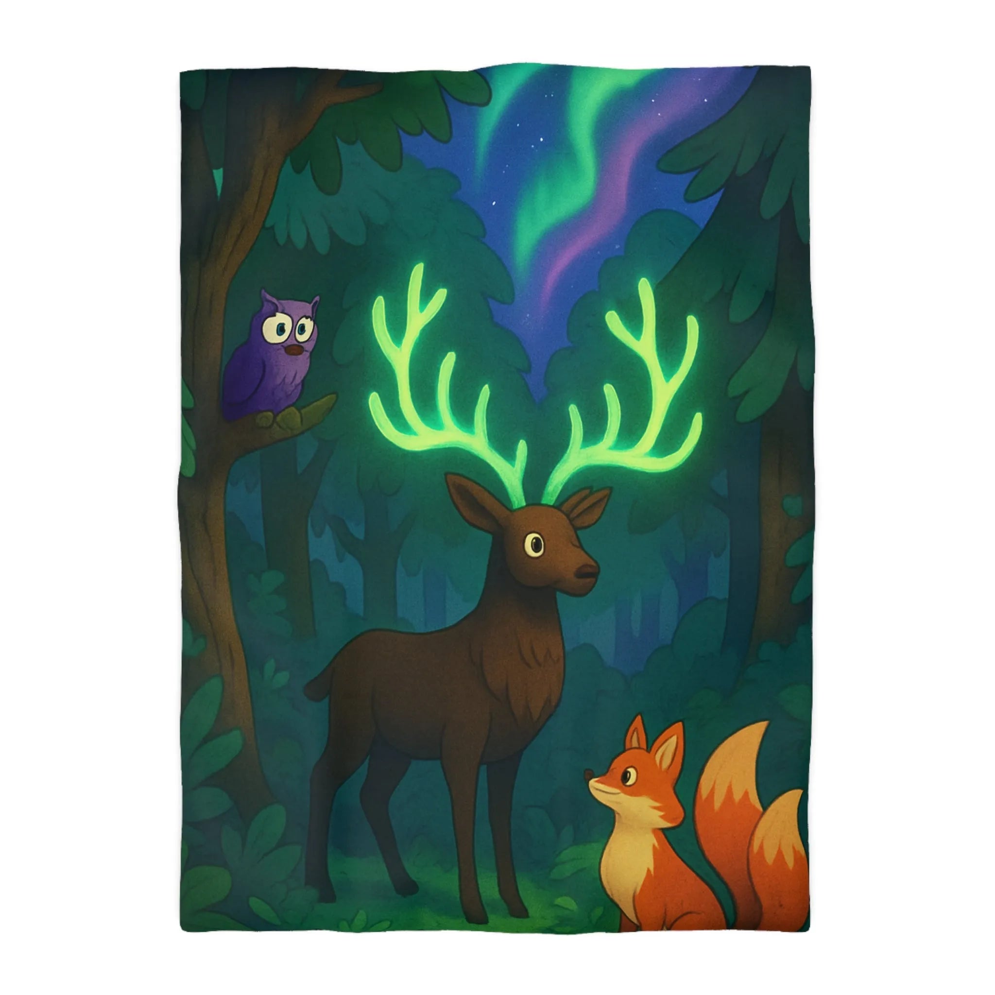 Housse de couette forêt magique avec cerf lumineux, renard et chouette colorée