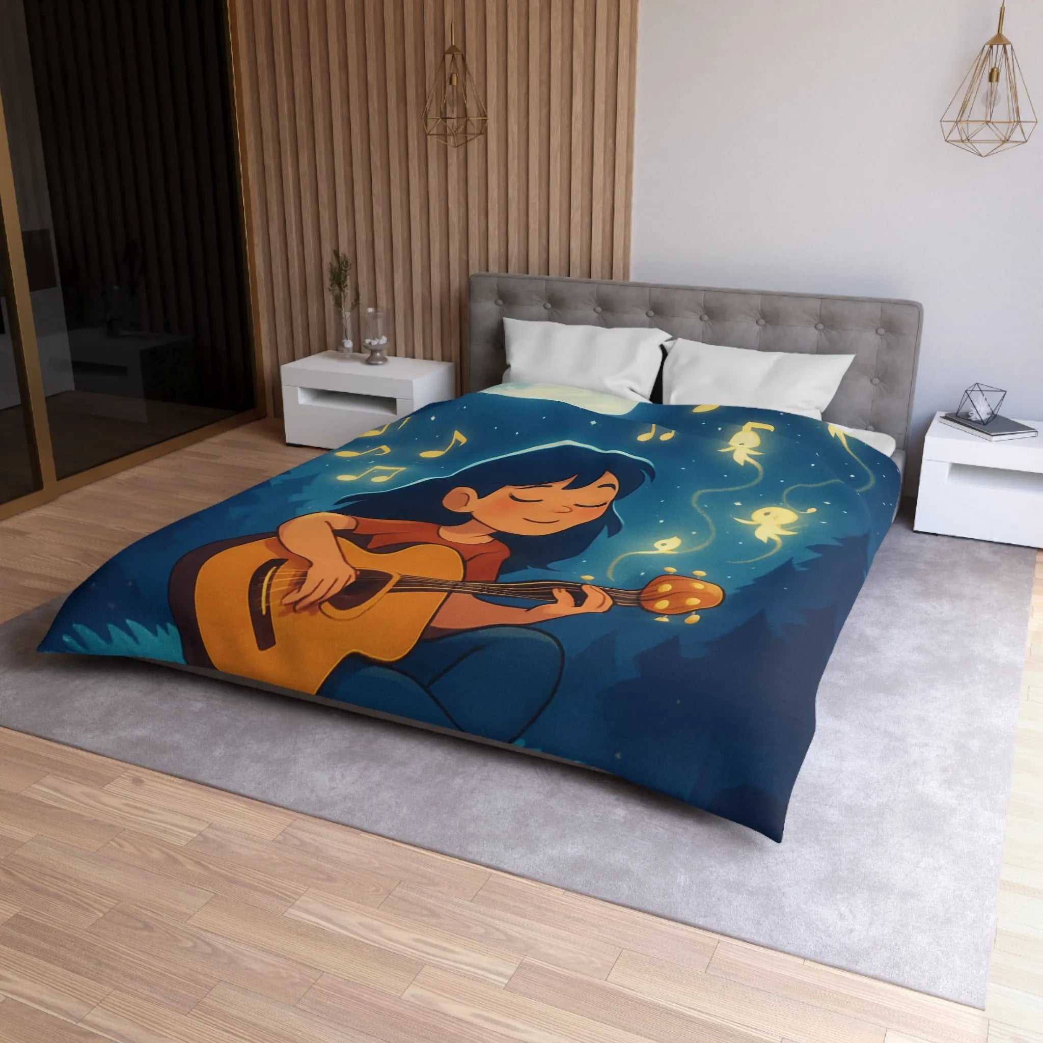 Housse de couette enchantée avec enfant jouant de la guitare sous la pleine lune