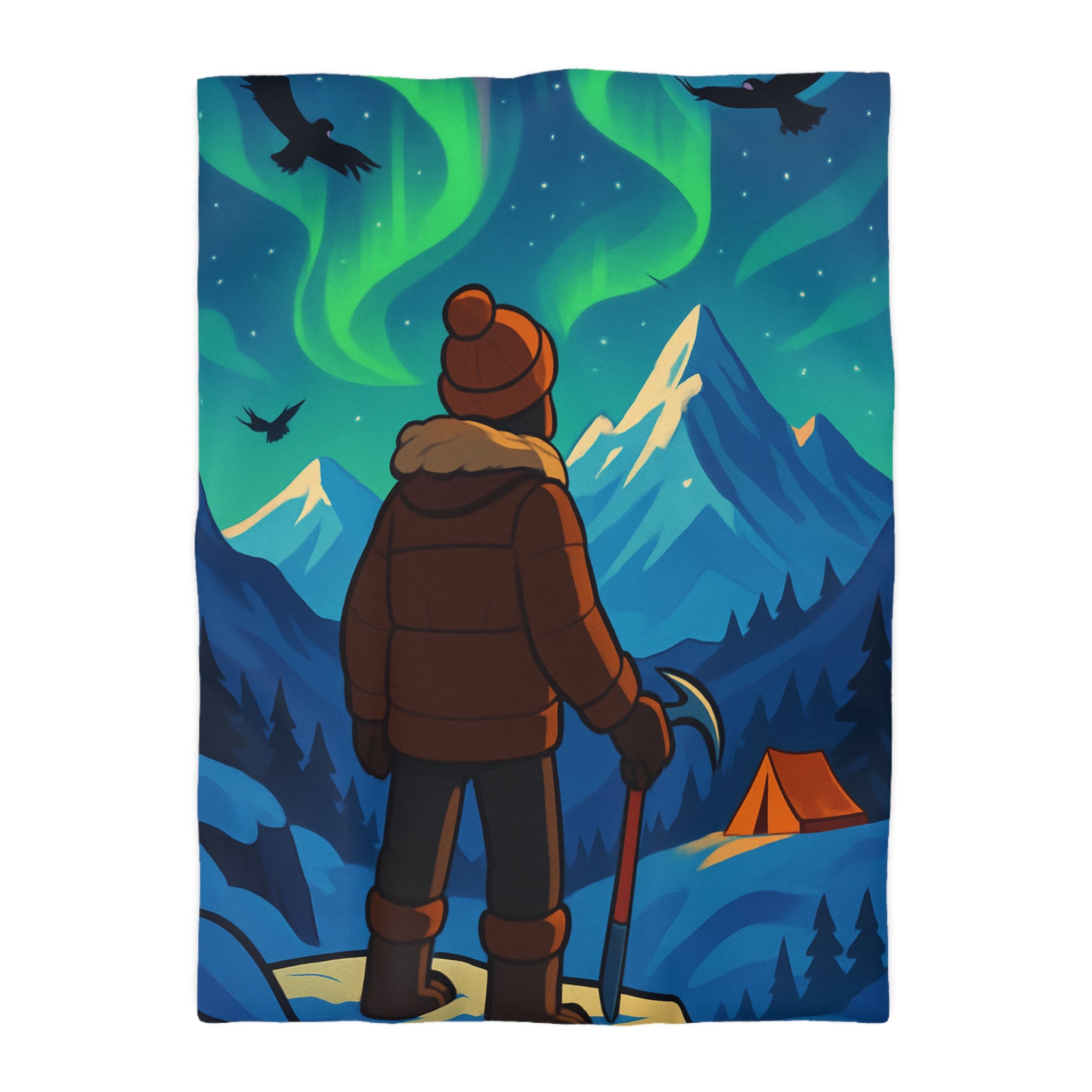 Housse de couette montagne avec aurore boréale, explorateur et tente lumineuse