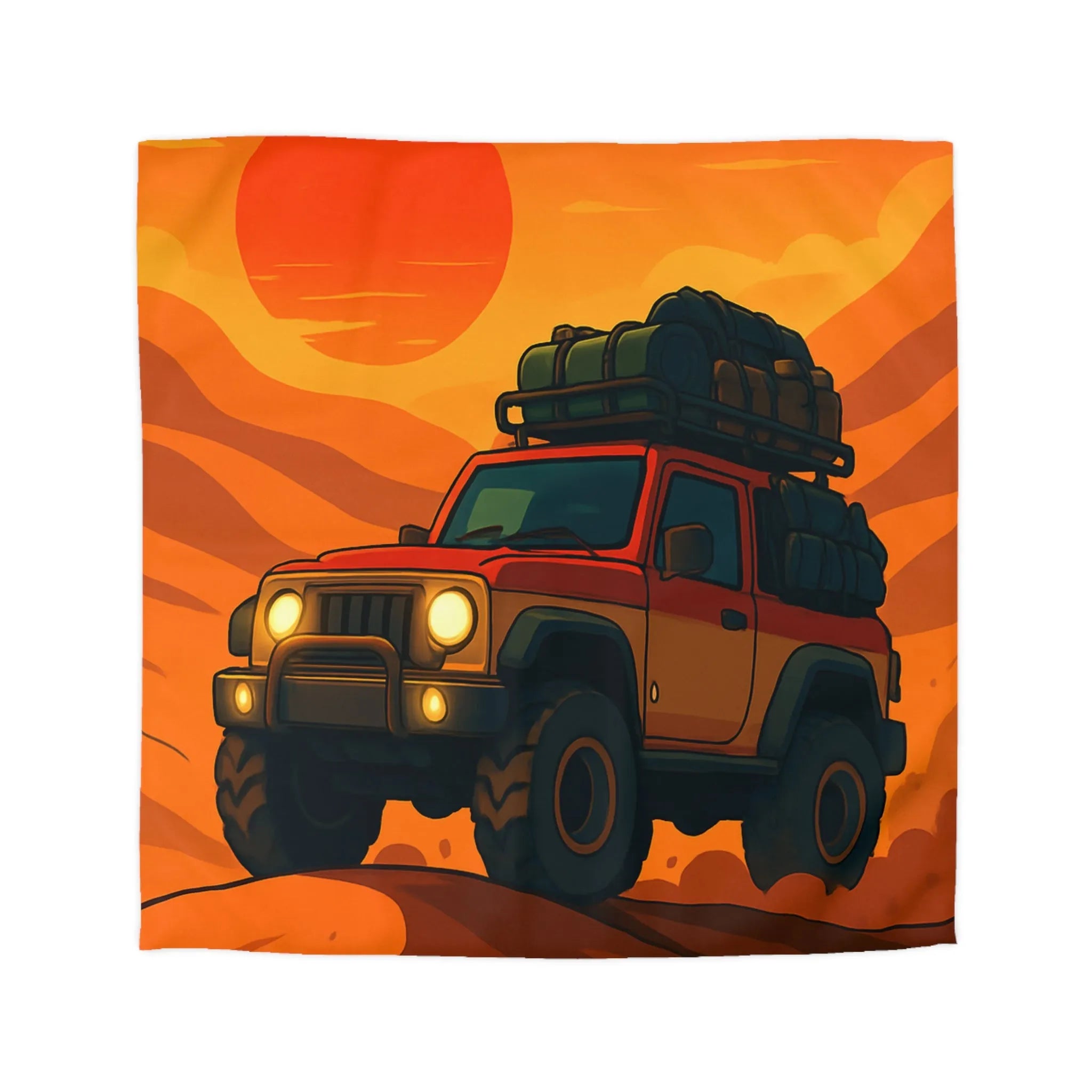 Housse de couette aventure désert rouge avec 4x4 et coucher de soleil éclatant