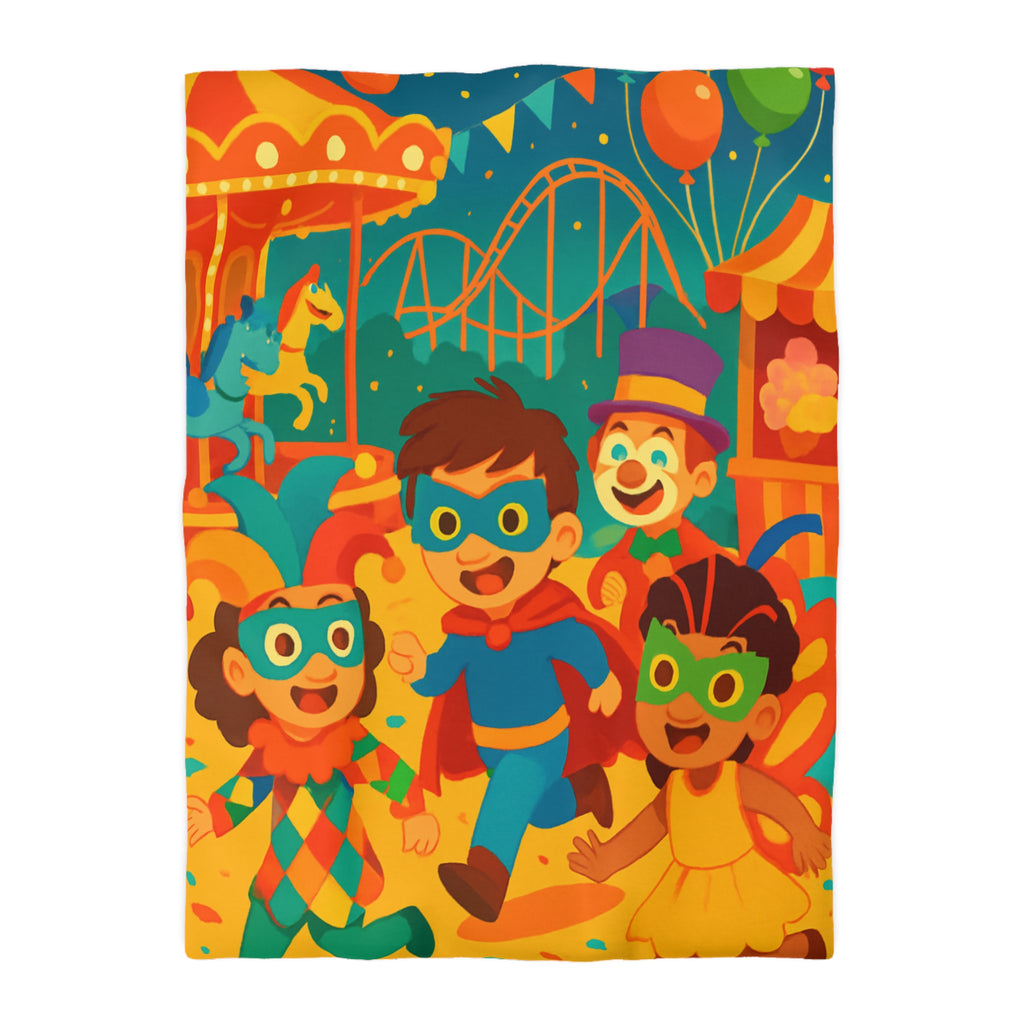 Joyeuse fête foraine avec enfants costumés courant joyeusement parmi attractions colorées nocturnes