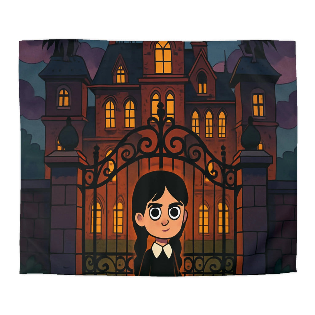 Housse de couette gothique avec manoir hanté, gargouilles et personnage mystérieux debout