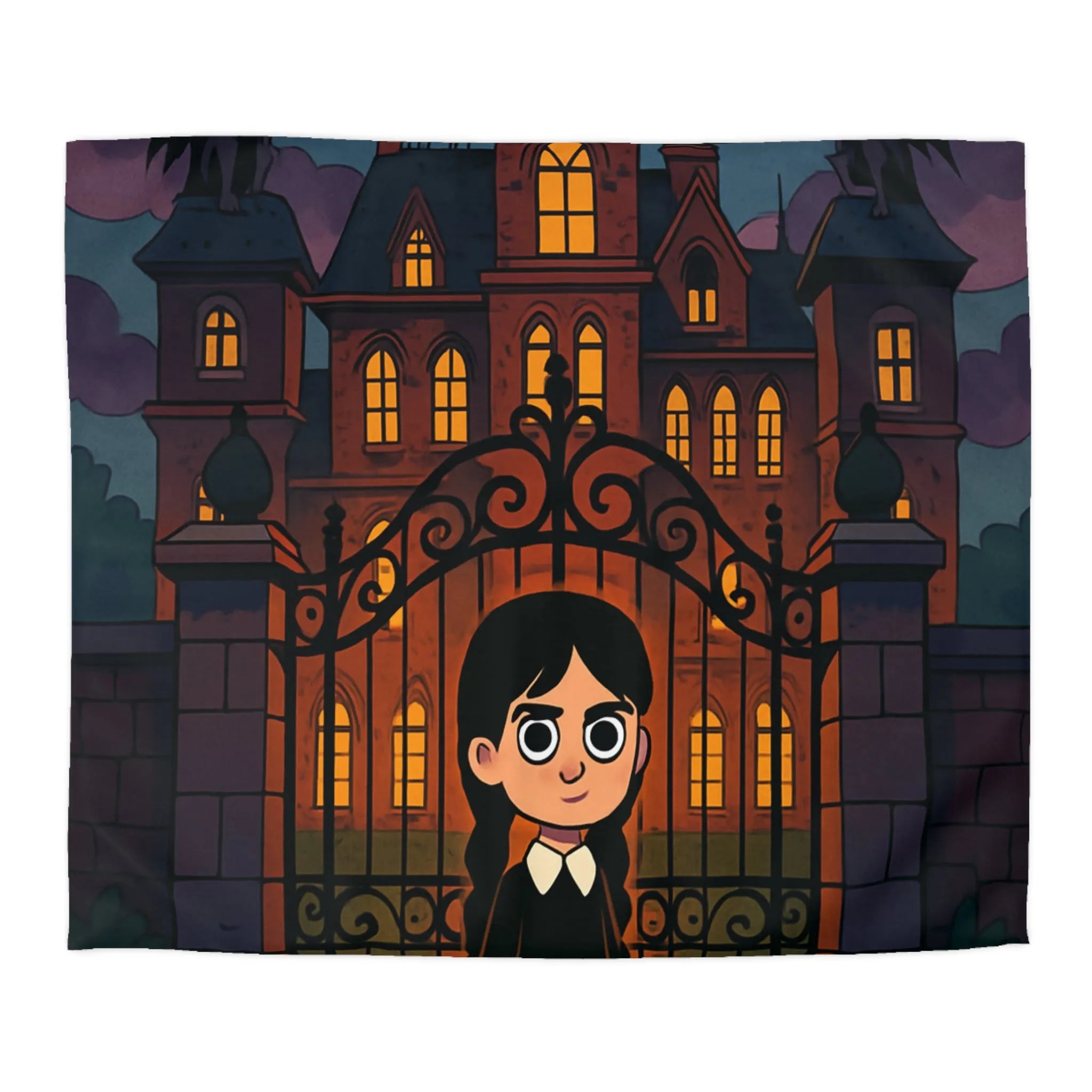 Housse de couette gothique avec manoir hanté, gargouilles et personnage mystérieux debout