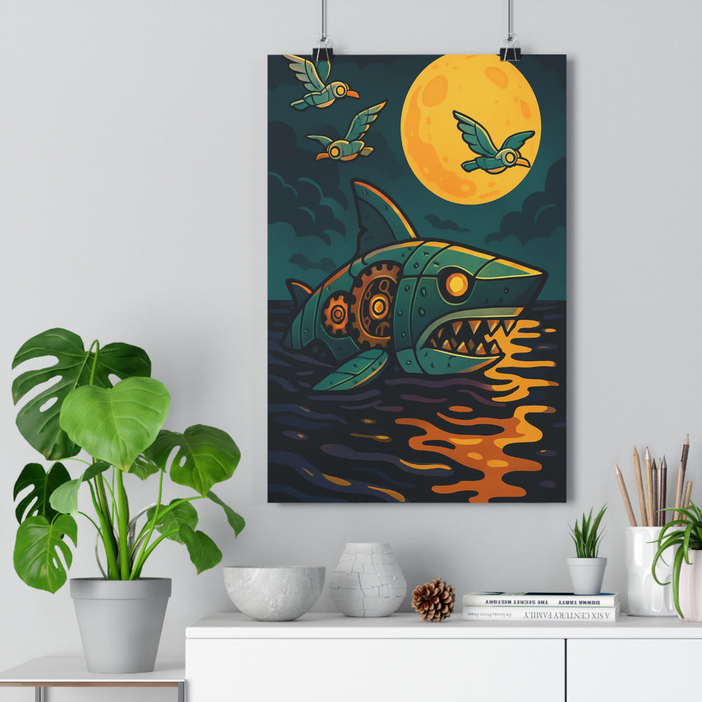 Poster décoratif steampunk requin bleu orange cartoon mystérieux bureau chambre design original tendance unique