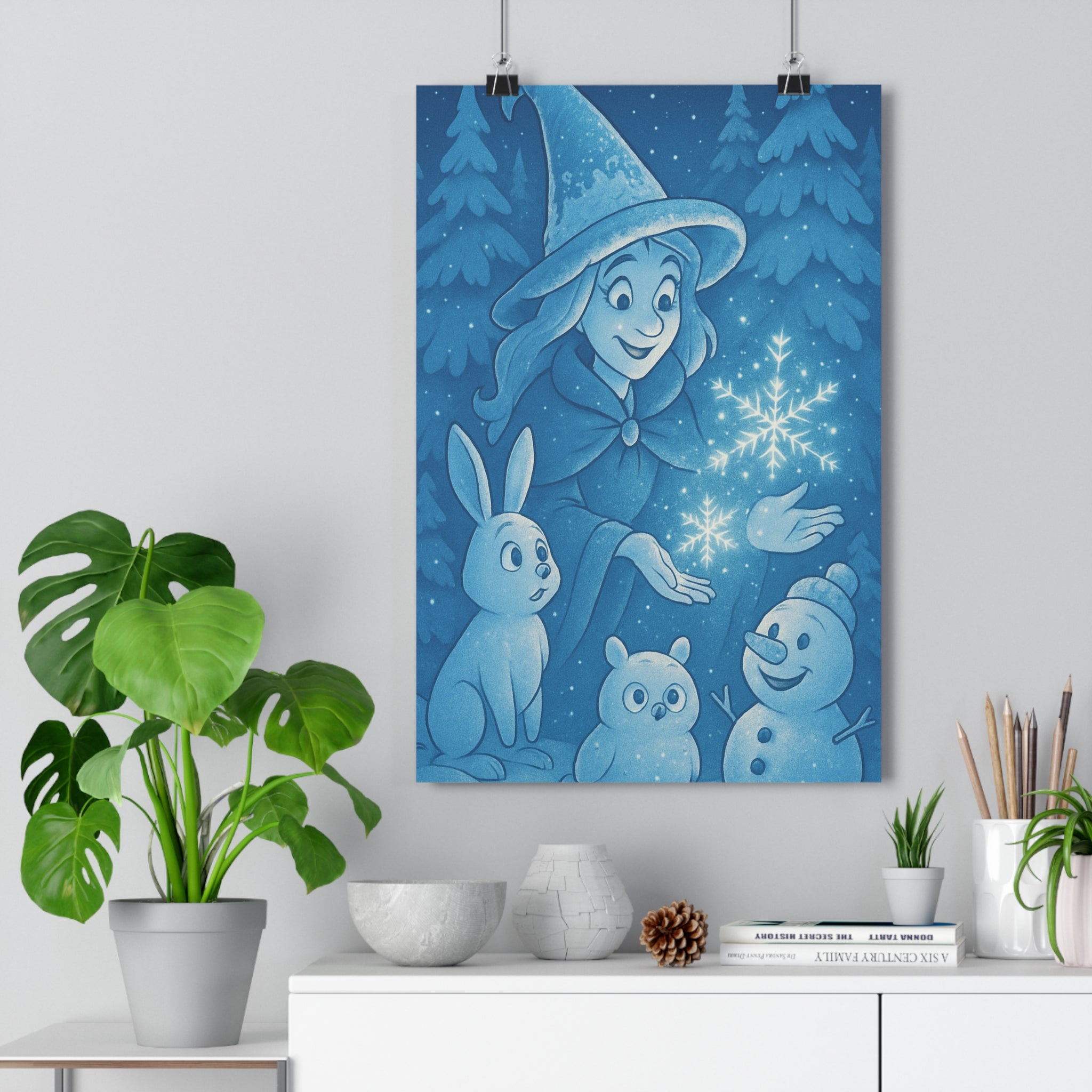 Poster décoratif sorcière hivernal bleu cartoon mystique chambre enfant forêt neige magique captivant qualité