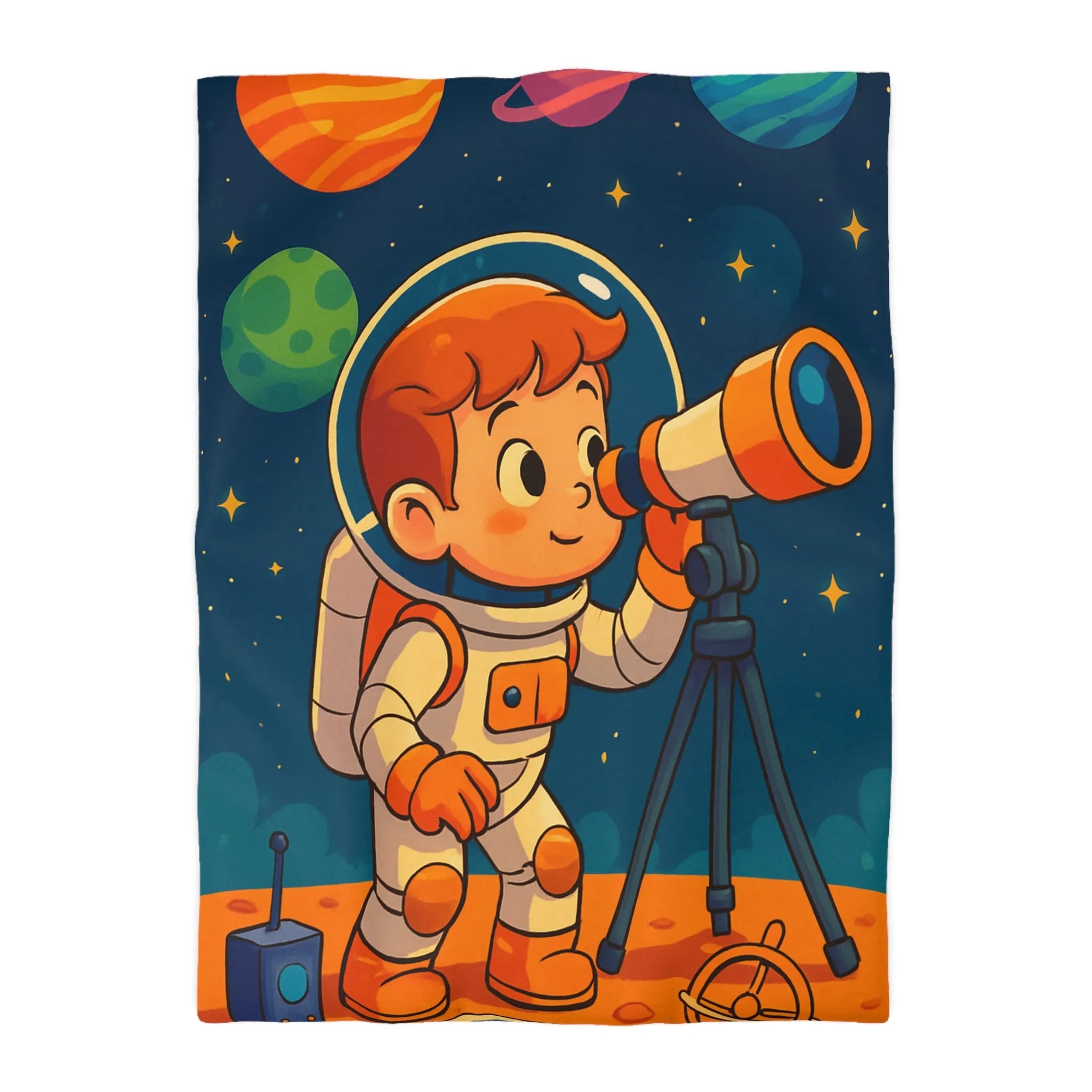 Housse couette enfant astronaute explorant planètes avec télescope carte étoilée