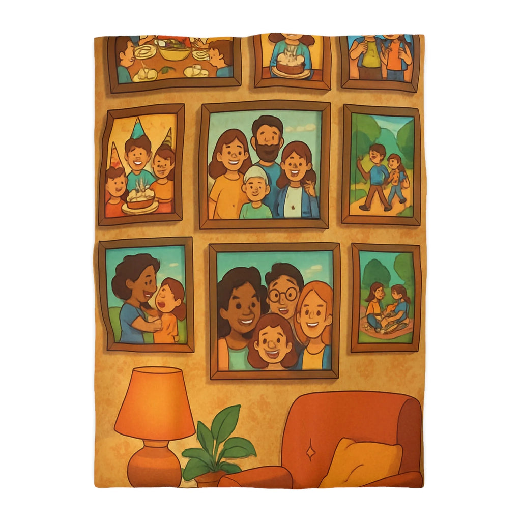 Housse de Couette Famille Heureuse avec Cadres Photo et Éléments Vintage pour Chambre