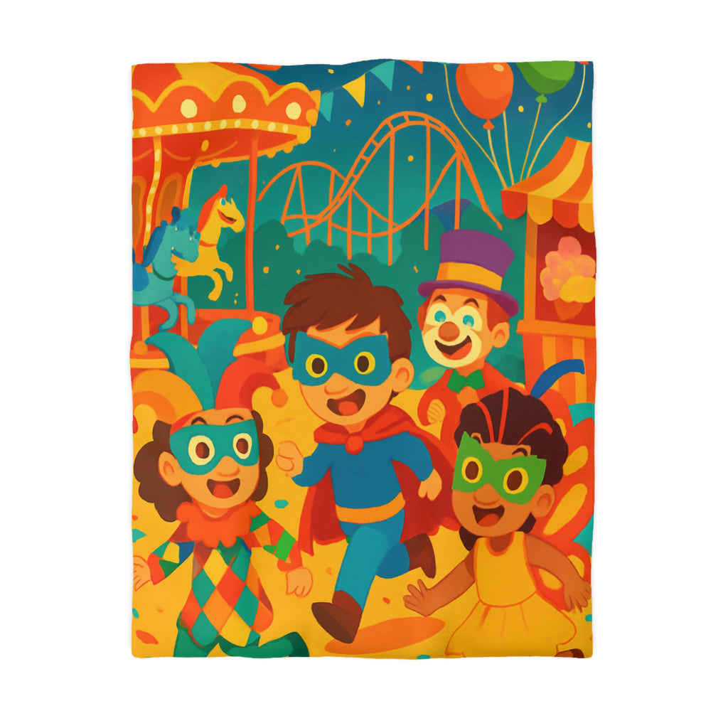 Joyeuse fête foraine avec enfants costumés courant joyeusement parmi attractions colorées nocturnes