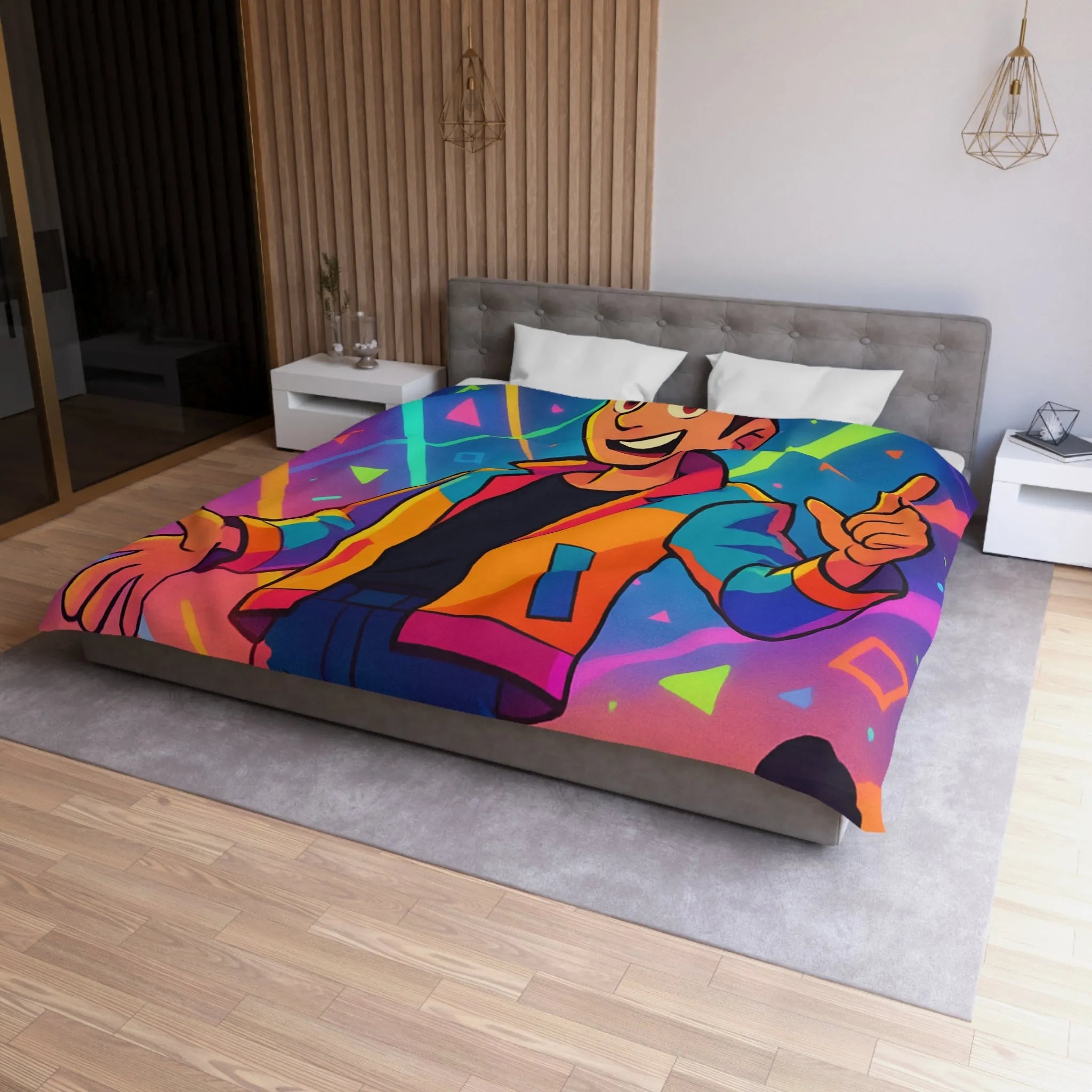 Housse de couette colorée avec personnage animé, haute énergie, motifs géométriques vibrants