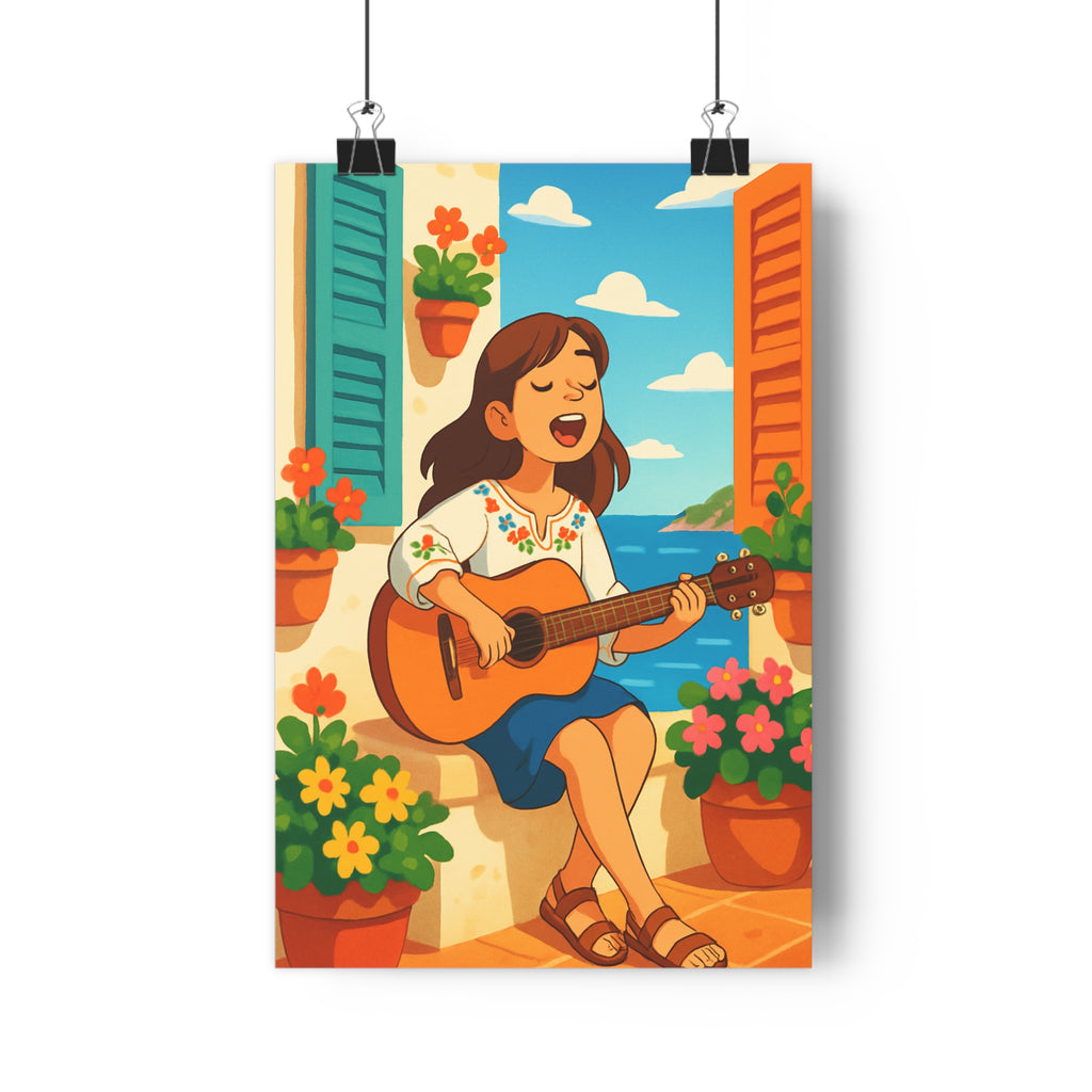 Poster décoratif méditerranéen bleu orange joyeux salon chambre terrasse guitare femme été charme fleurs
