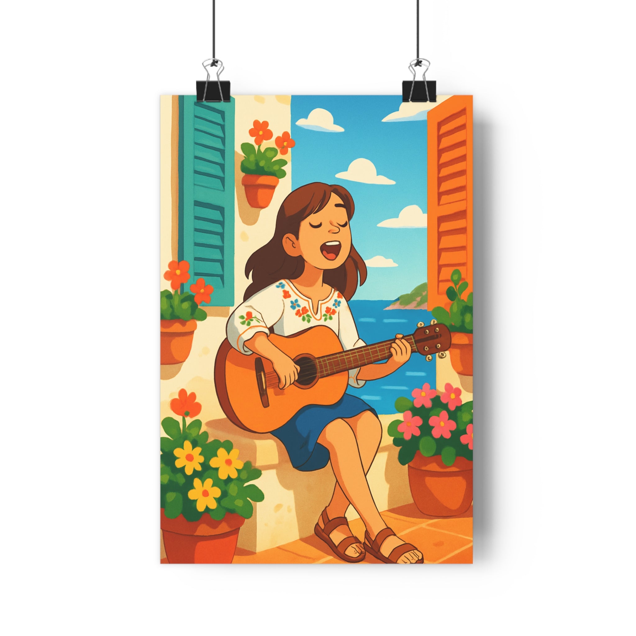 Poster décoratif méditerranéen bleu orange joyeux salon chambre terrasse guitare femme été charme fleurs