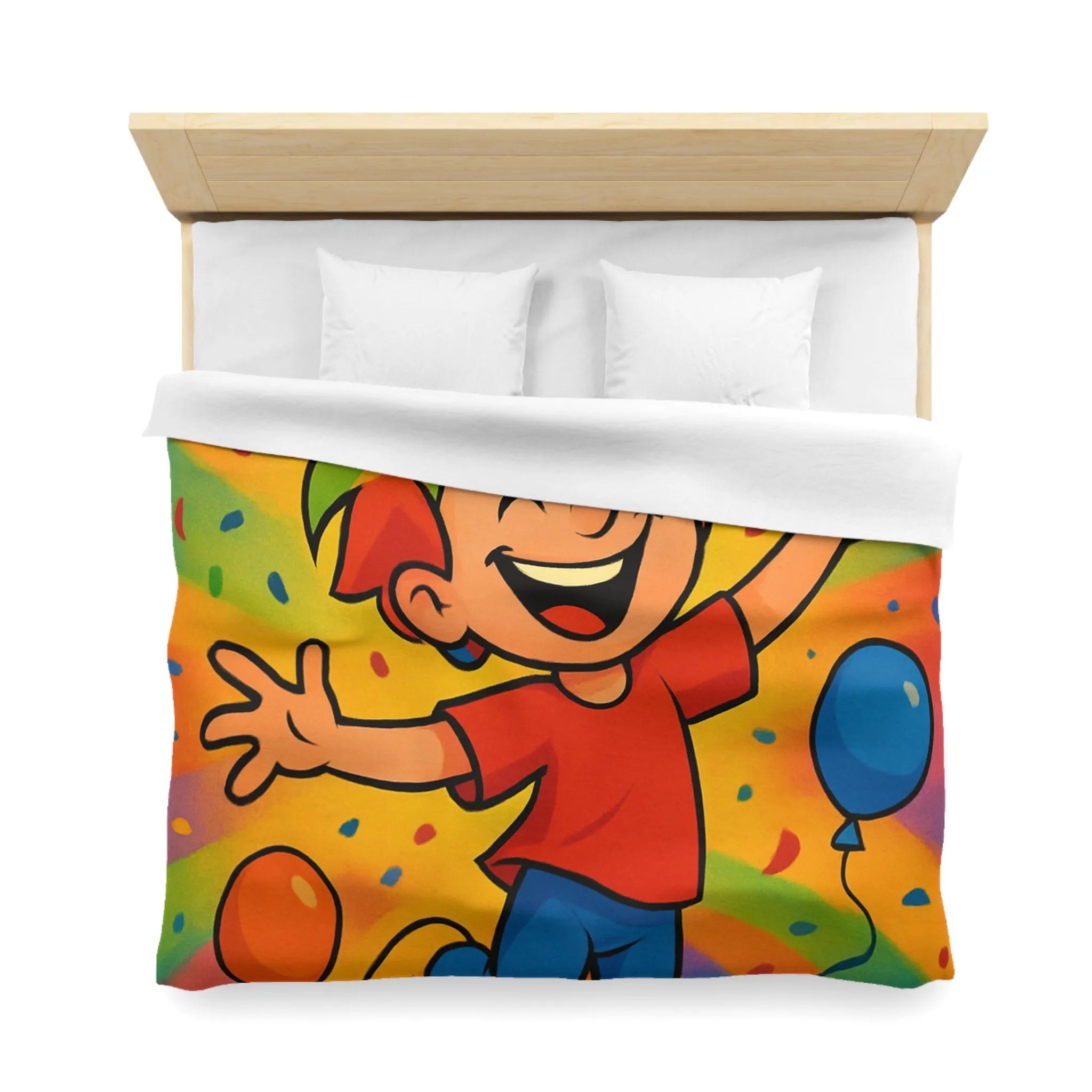 Housse de couette colorée avec enfant joyeux et ballons arc-en-ciel, ambiance festive