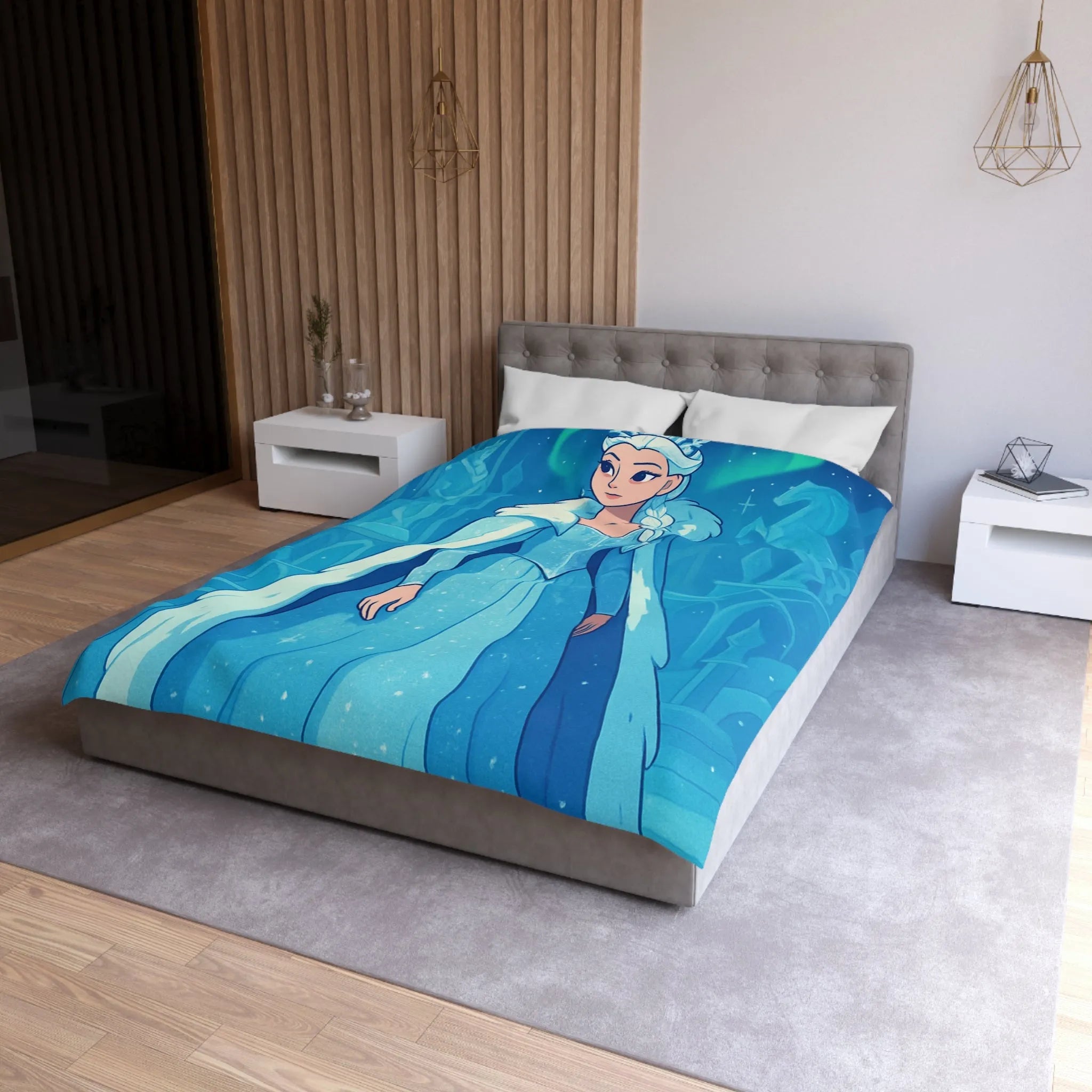 Éblouissante Housse de Couette Reine des Glaces Bleue avec Aurora Boréale et Château