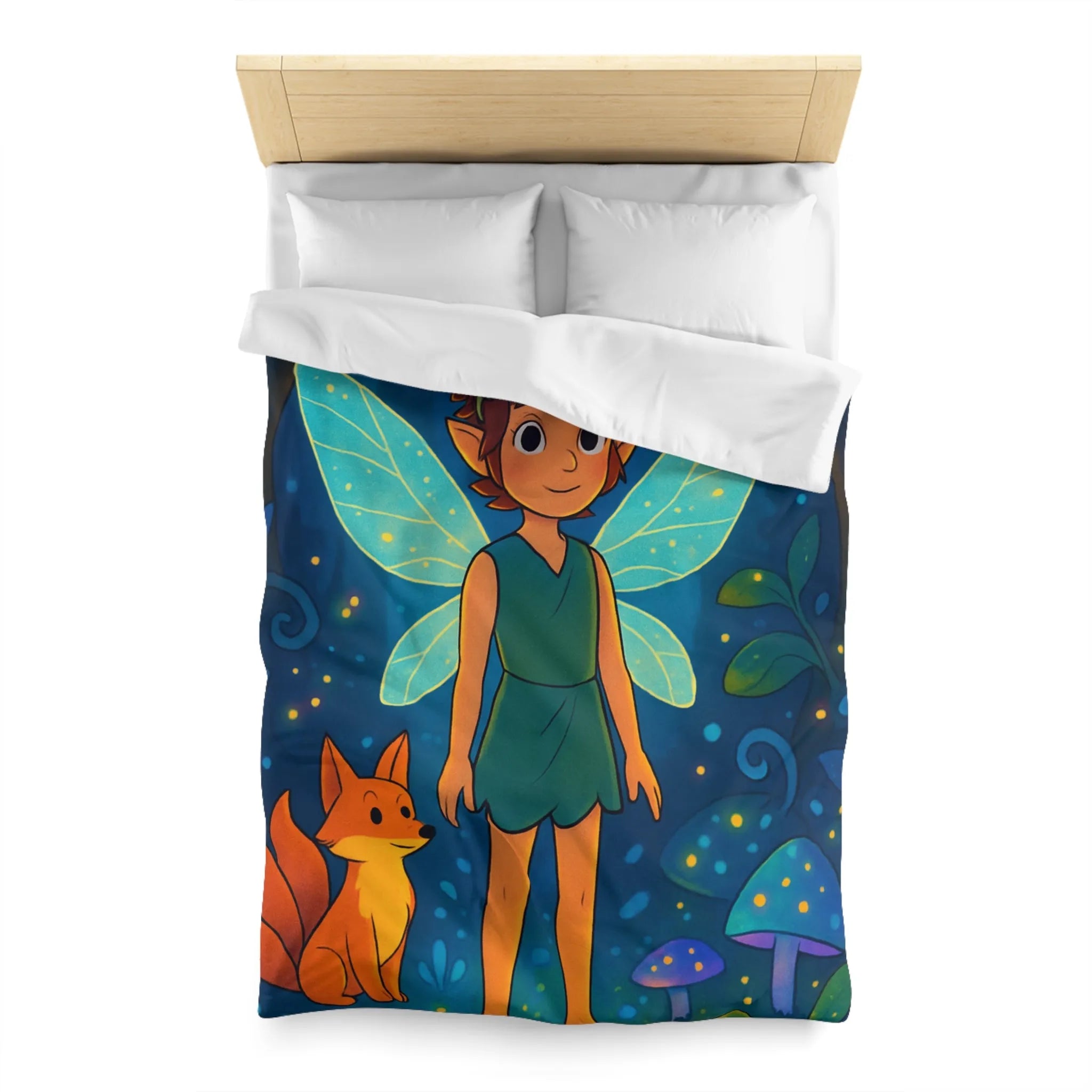 Housse de Couette Féerique avec Fée Ailée et Renard dans Forêt Enchantée Multicolore