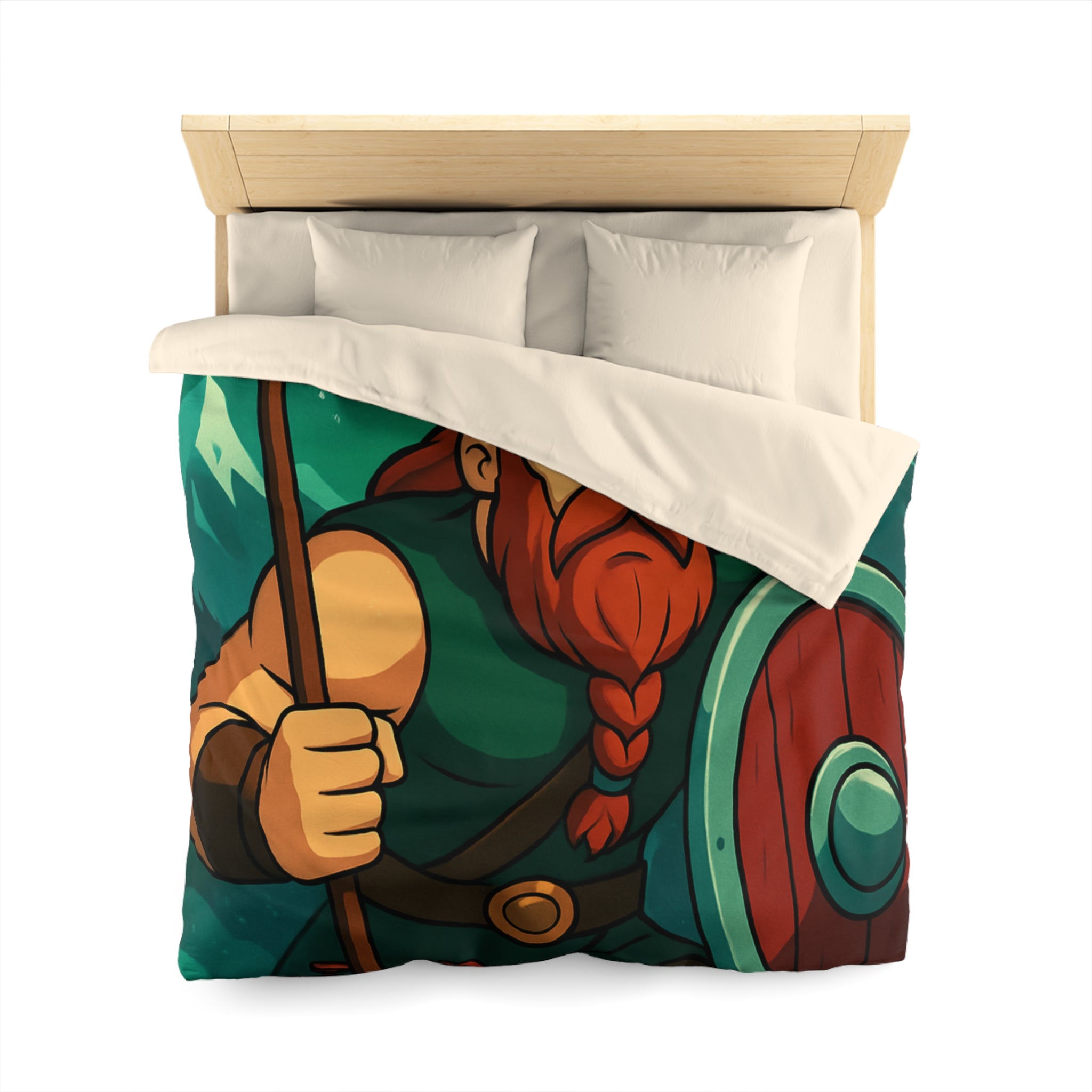 Housse de Couette Viking Illustration avec Guerrier Nordique, Montagne et Aurore Boréale